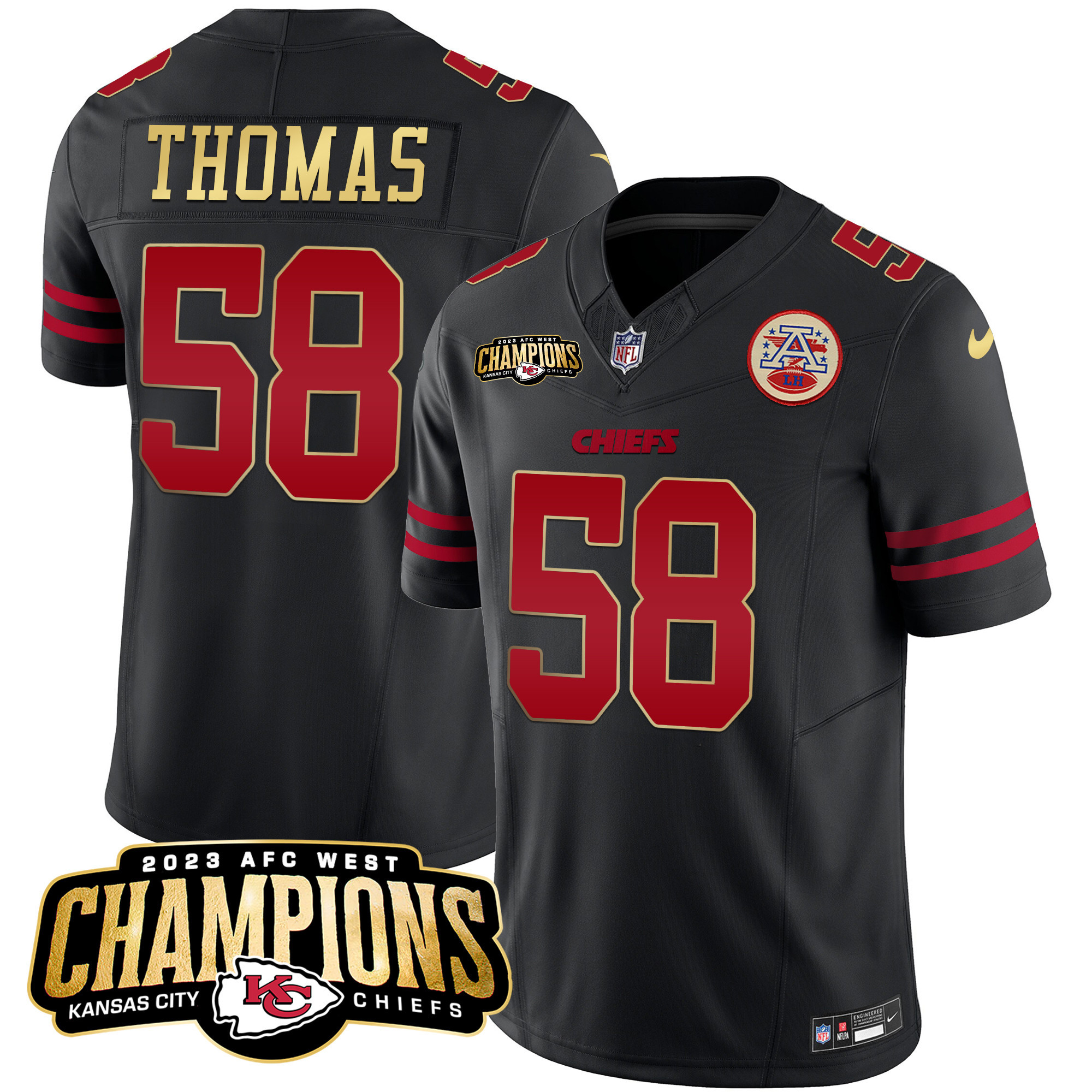 Derrick Thomas Men's Kansas City Chiefs 2023 AFC West Champions Patch Vapor Limited Gold Trim Jersey - All Stitched 