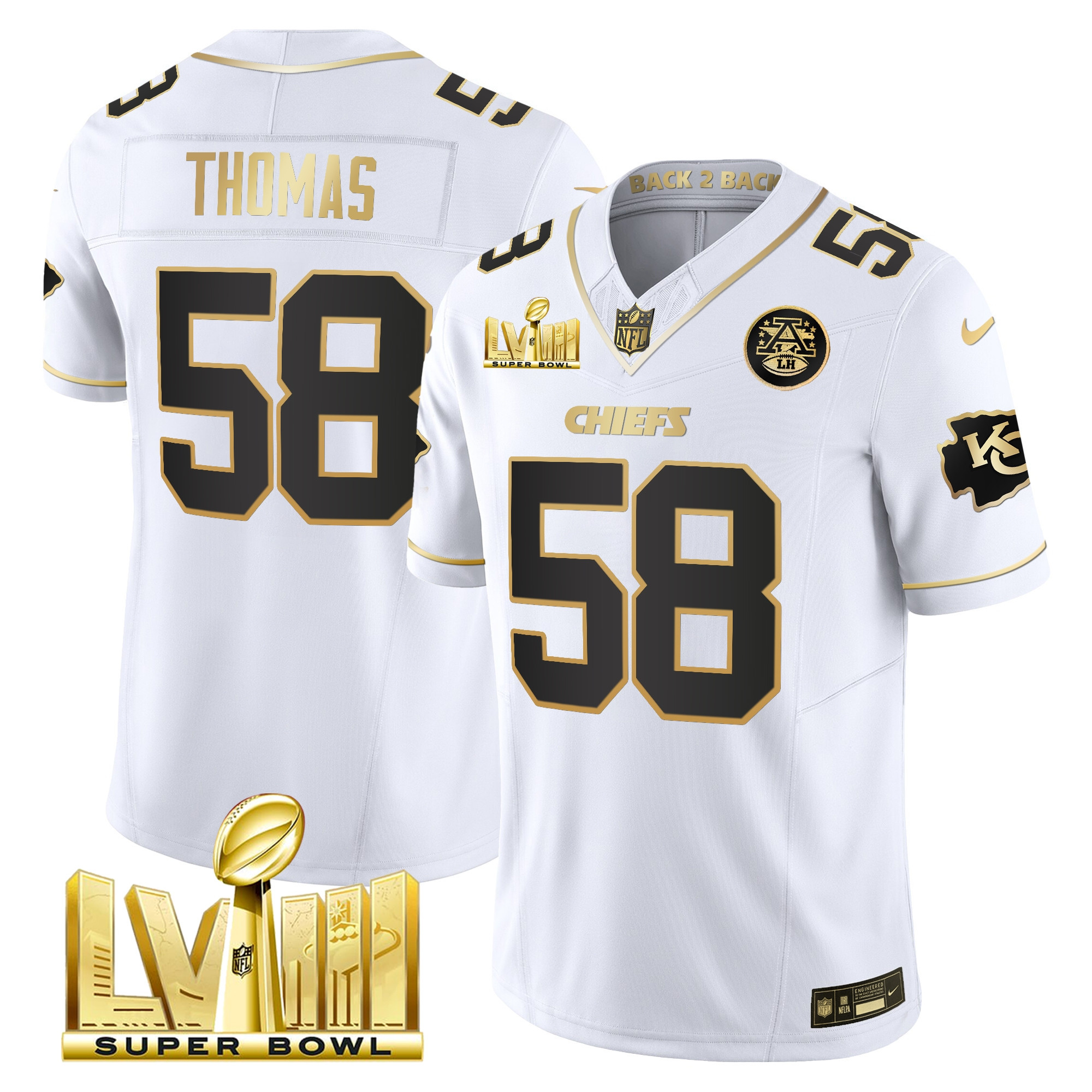 Derrick Thomas Men's Kansas City Chiefs Super Bowl LVIII & Back 2 Back Gold Patch Vapor White Gold Jersey - All Stitched 