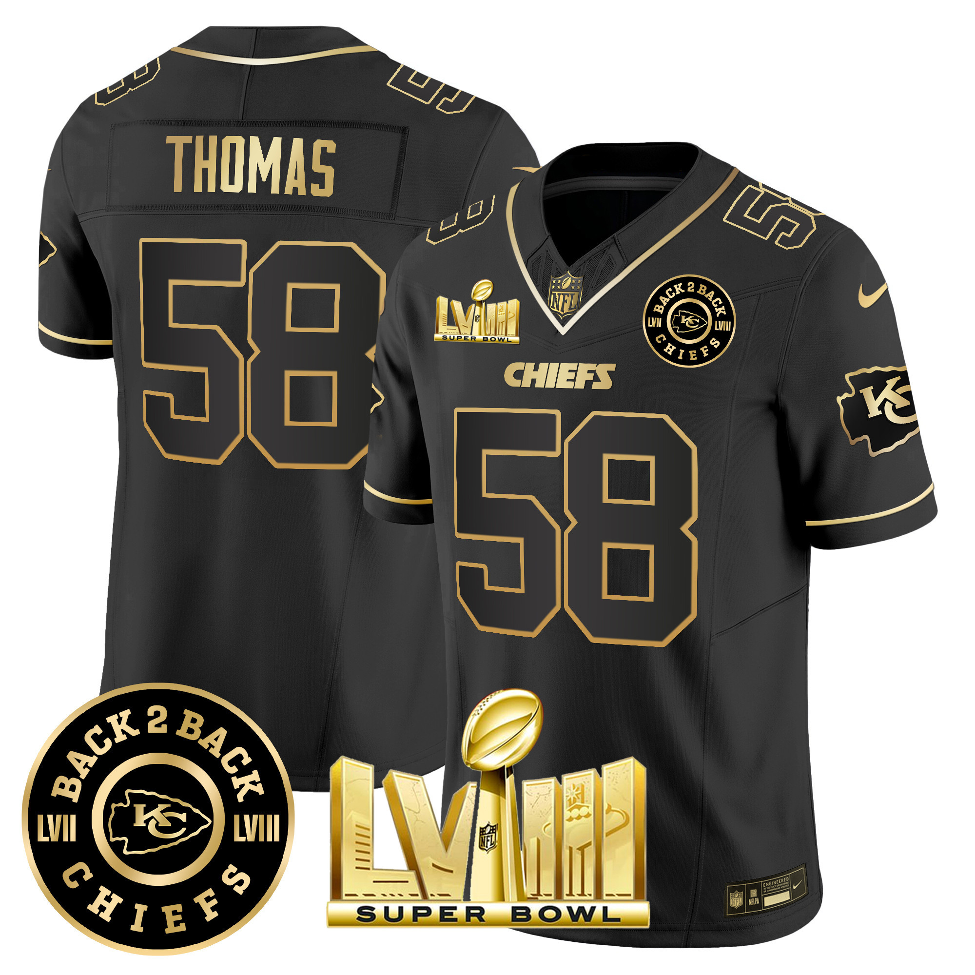 Derrick Thomas Men's Kansas City Chiefs Super Bowl LVIII & Back 2 Back Patch Vapor Black Gold Jersey - All Stitched 