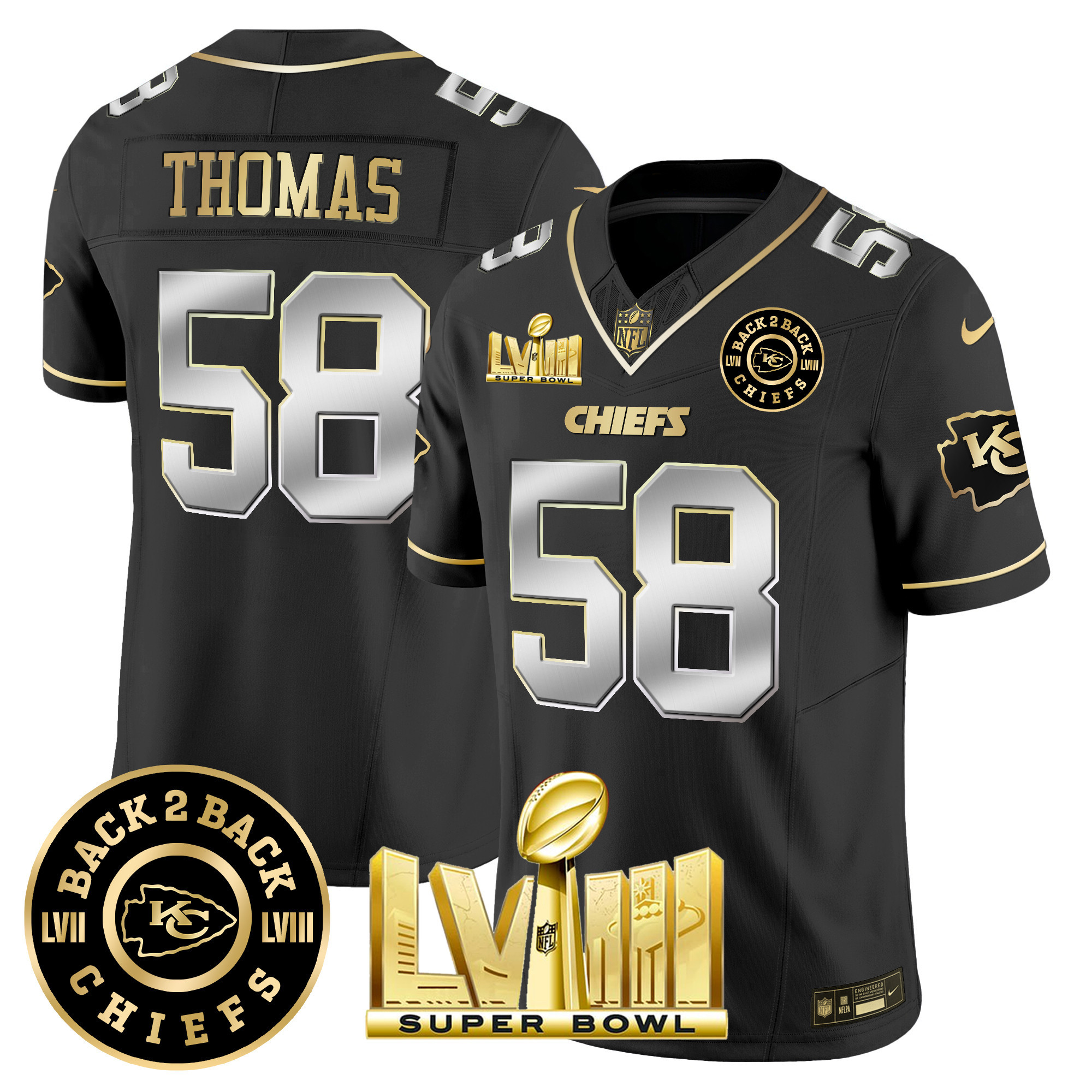 Derrick Thomas Men's Kansas City Chiefs Super Bowl LVIII & Back 2 Back Patch Vapor Black Limited Jersey - All Stitched 