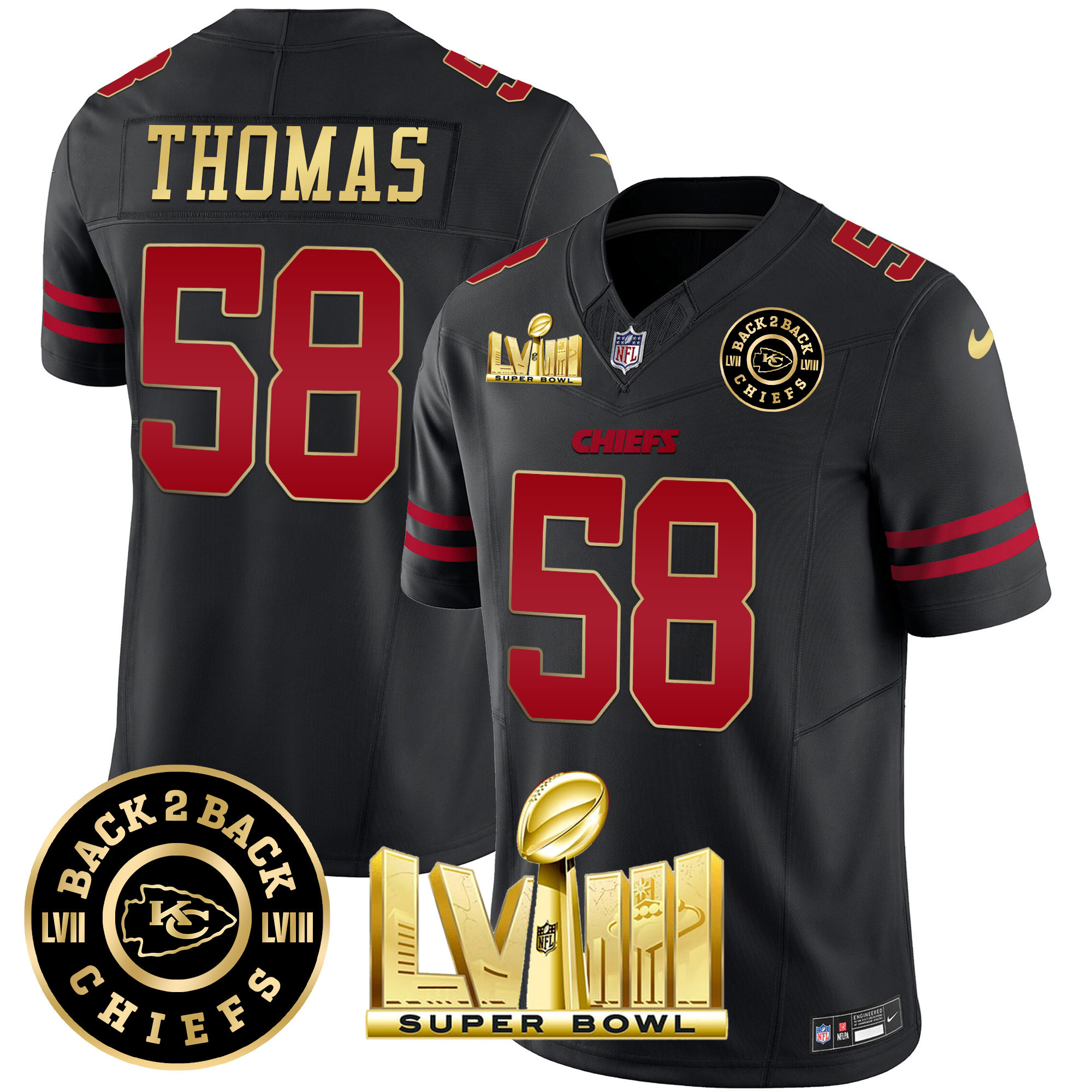 Derrick Thomas Men's Kansas City Chiefs Super Bowl LVIII & Back 2 Back Patch Vapor Gold Trim Jersey - All Stitched 