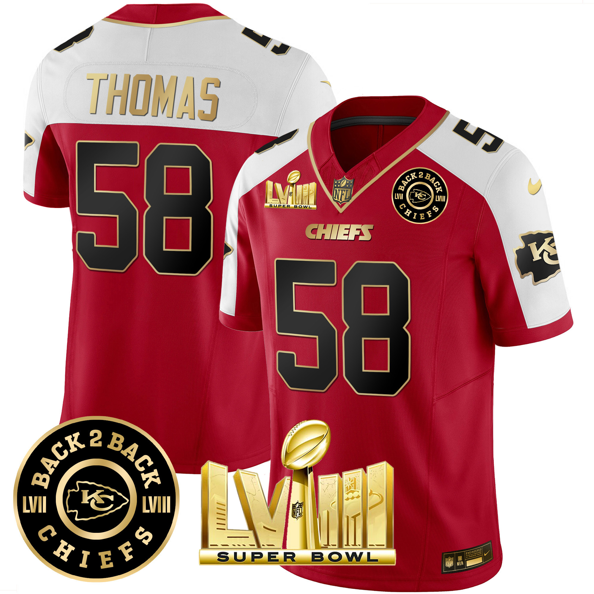 Derrick Thomas Men's Kansas City Chiefs Super Bowl LVIII & Back 2 Back Patch Vapor Red Alternate Jersey - All Stitched 