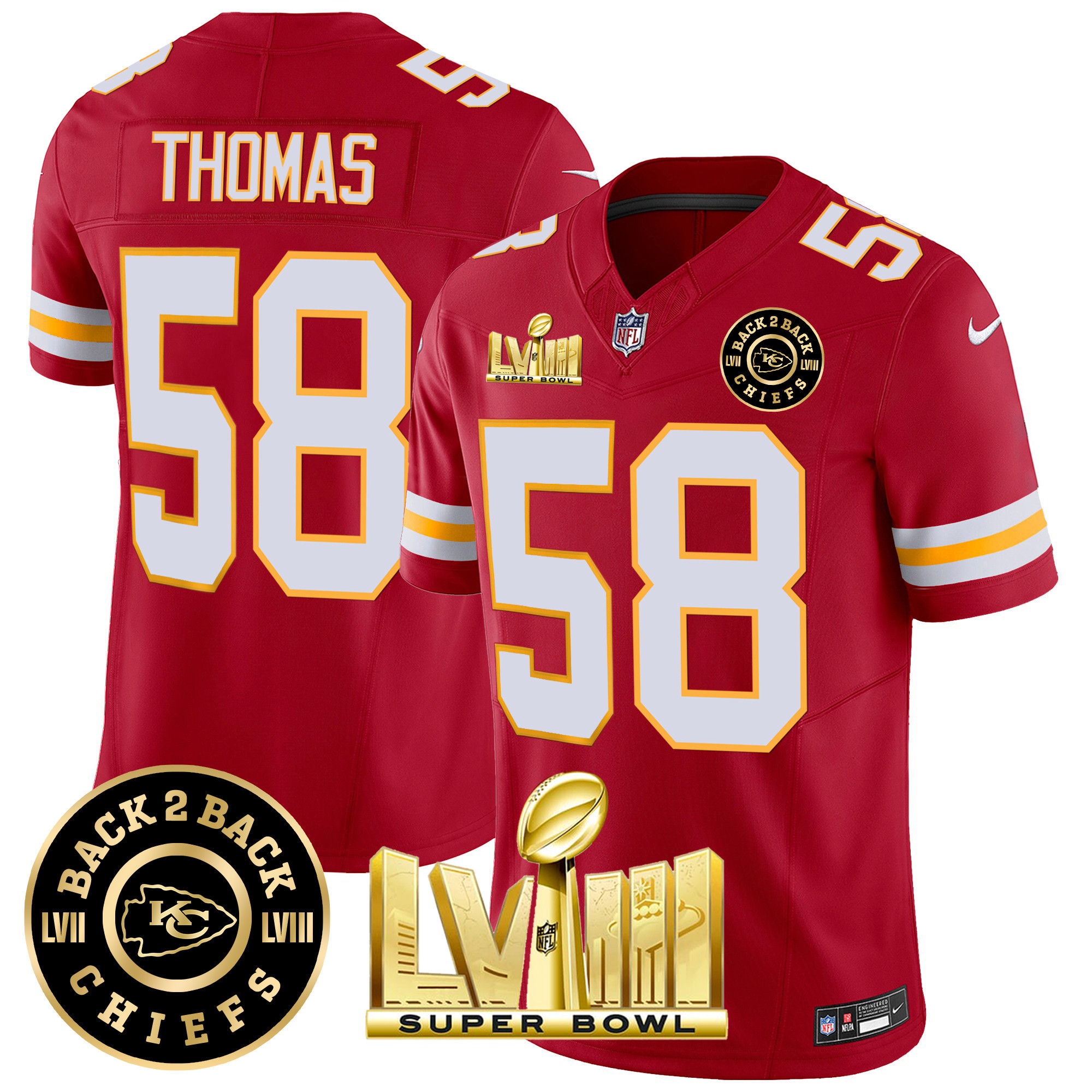 Derrick Thomas Men's Kansas City Chiefs Super Bowl LVIII & Back 2 Back Patch Vapor Red Jersey - All Stitched 