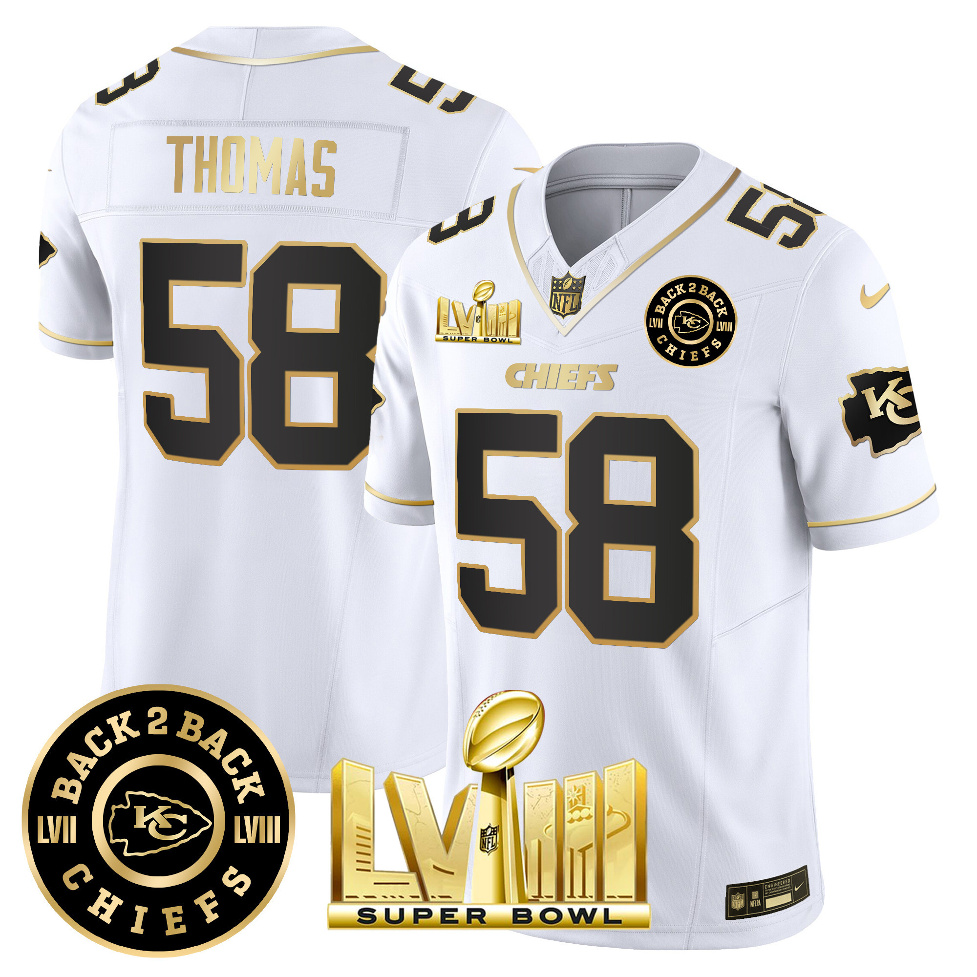 Derrick Thomas Men's Kansas City Chiefs Super Bowl LVIII & Back 2 Back Patch Vapor White Gold Jersey - All Stitched 