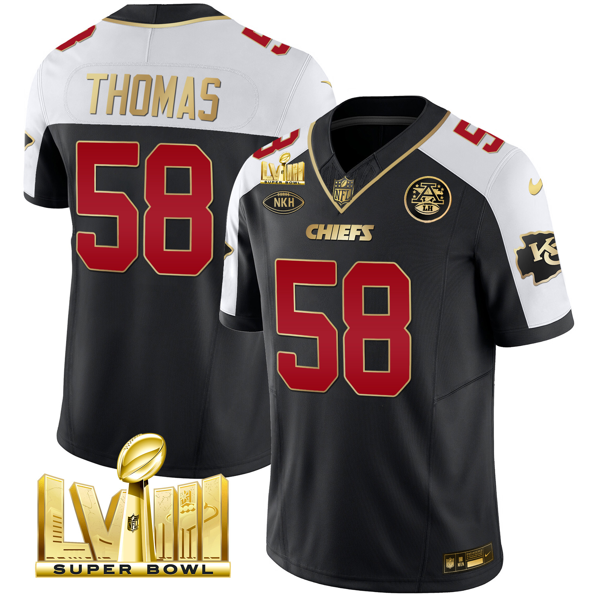 Derrick Thomas Men's Kansas City Chiefs Super Bowl LVIII Gold Patch Vapor Black Alternate Jersey - All Stitched 