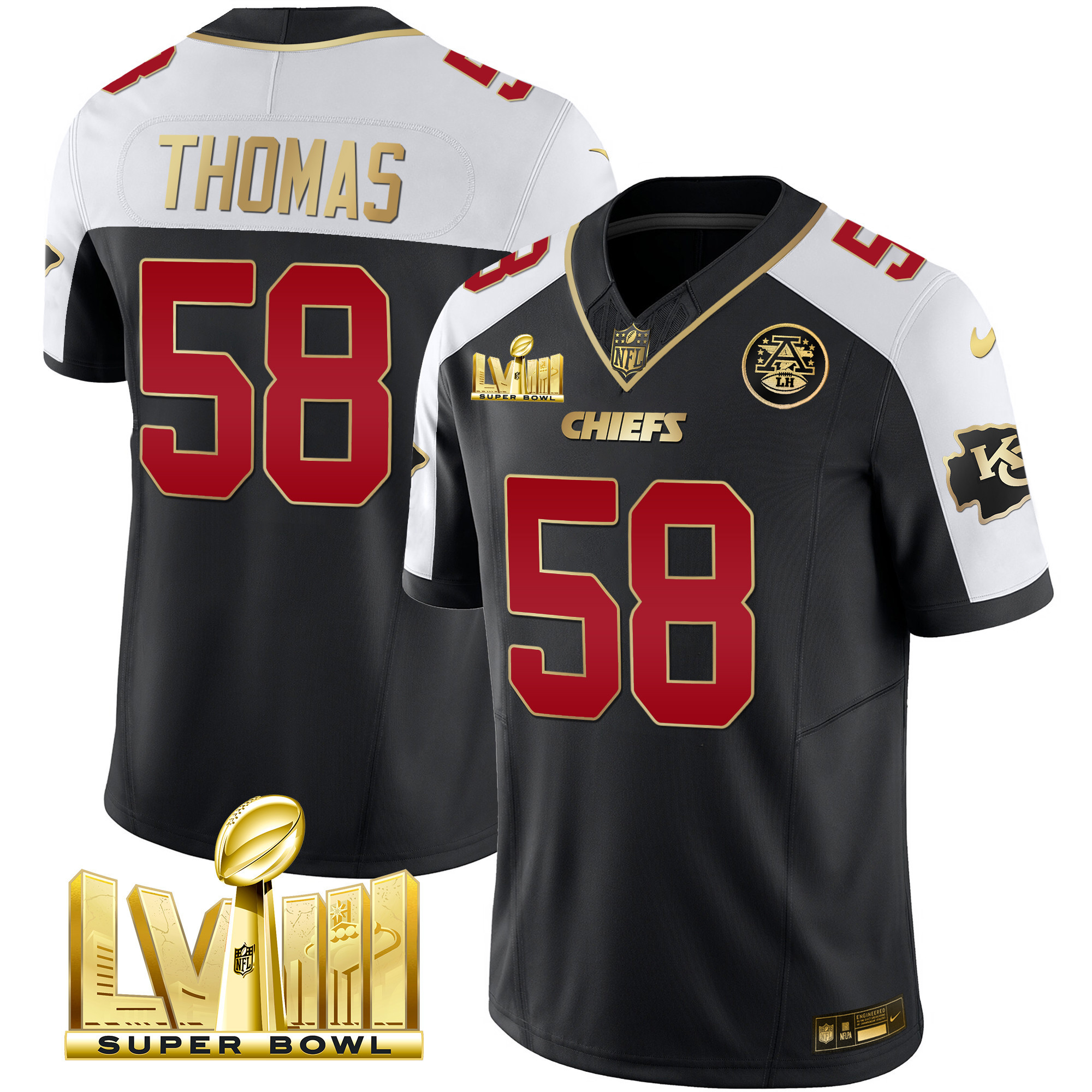 Derrick Thomas Men's Kansas City Chiefs Super Bowl LVIII Gold Patch Vapor Black Alternate Jersey - All Stitched 