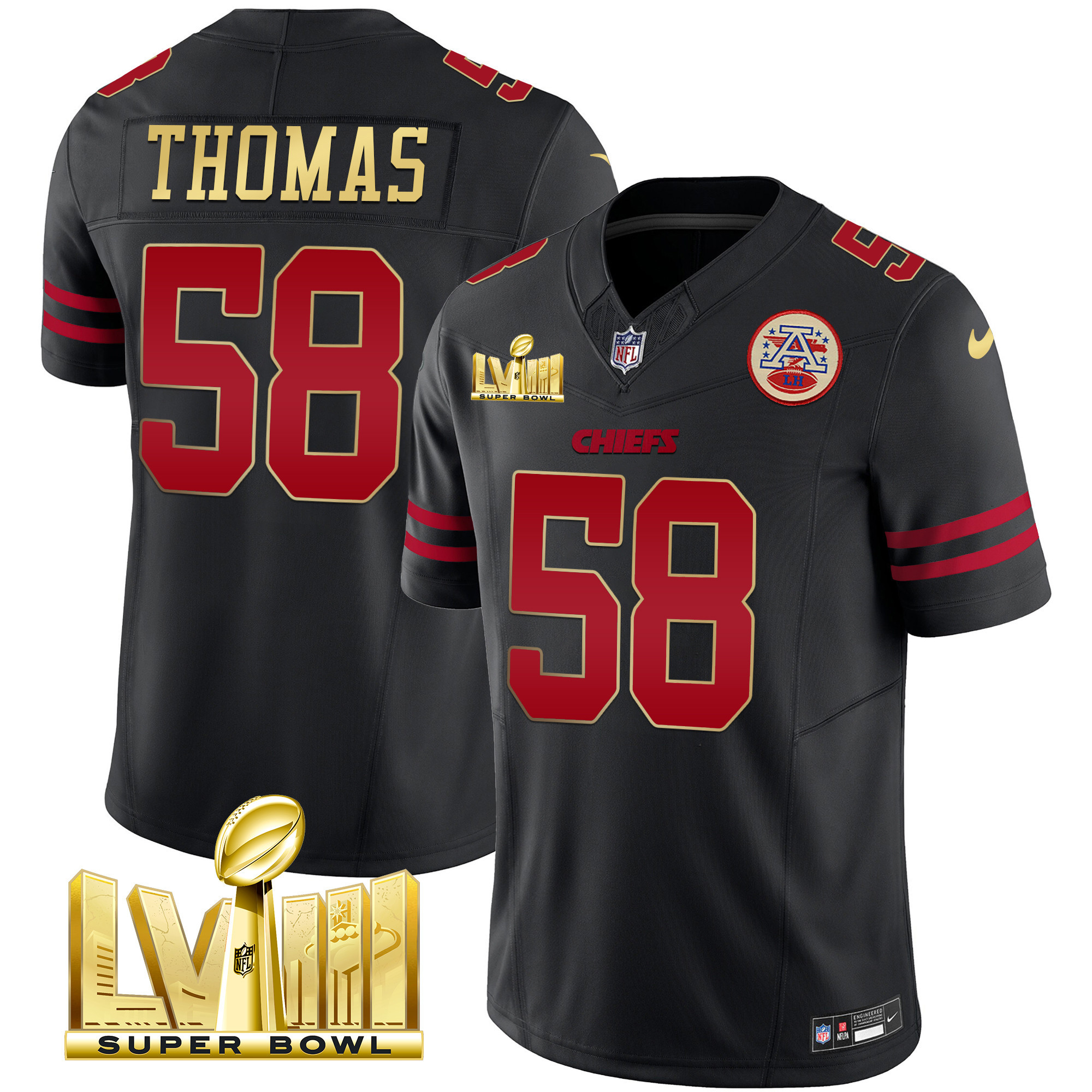 Derrick Thomas Men's Kansas City Chiefs Super Bowl LVIII Gold Patch Vapor Gold Trim Jersey - All Stitched 