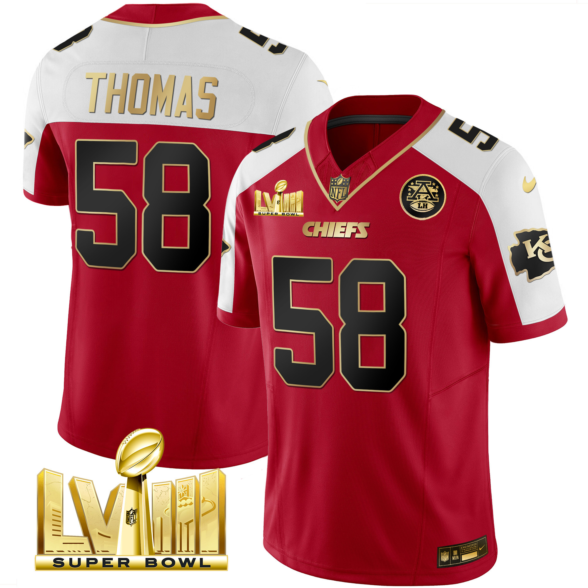 Derrick Thomas Men's Kansas City Chiefs Super Bowl LVIII Gold Patch Vapor Red Alternate Jersey - All Stitched 