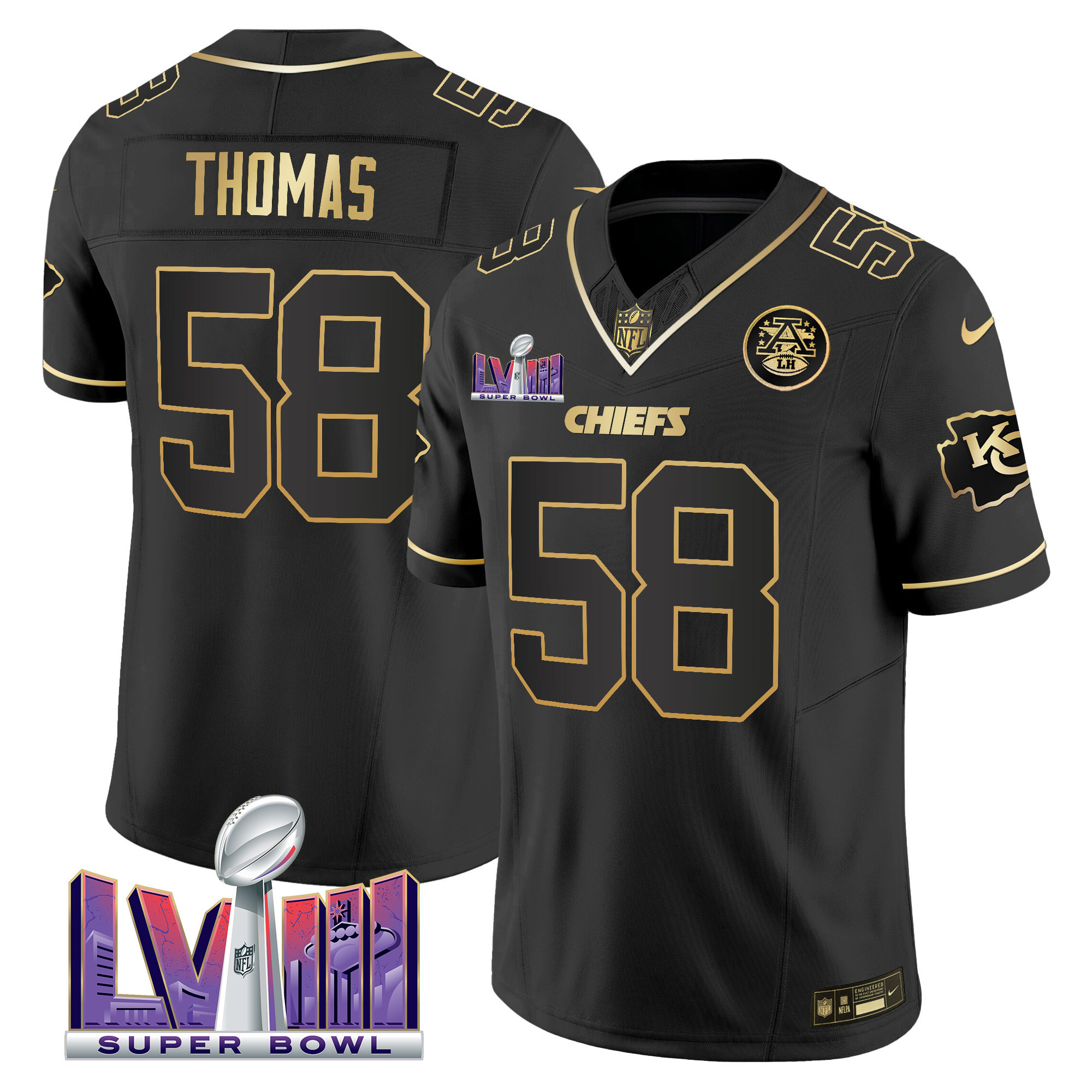 Derrick Thomas Men's Kansas City Chiefs Super Bowl LVIII Patch Vapor Black Gold Jersey - All Stitched 