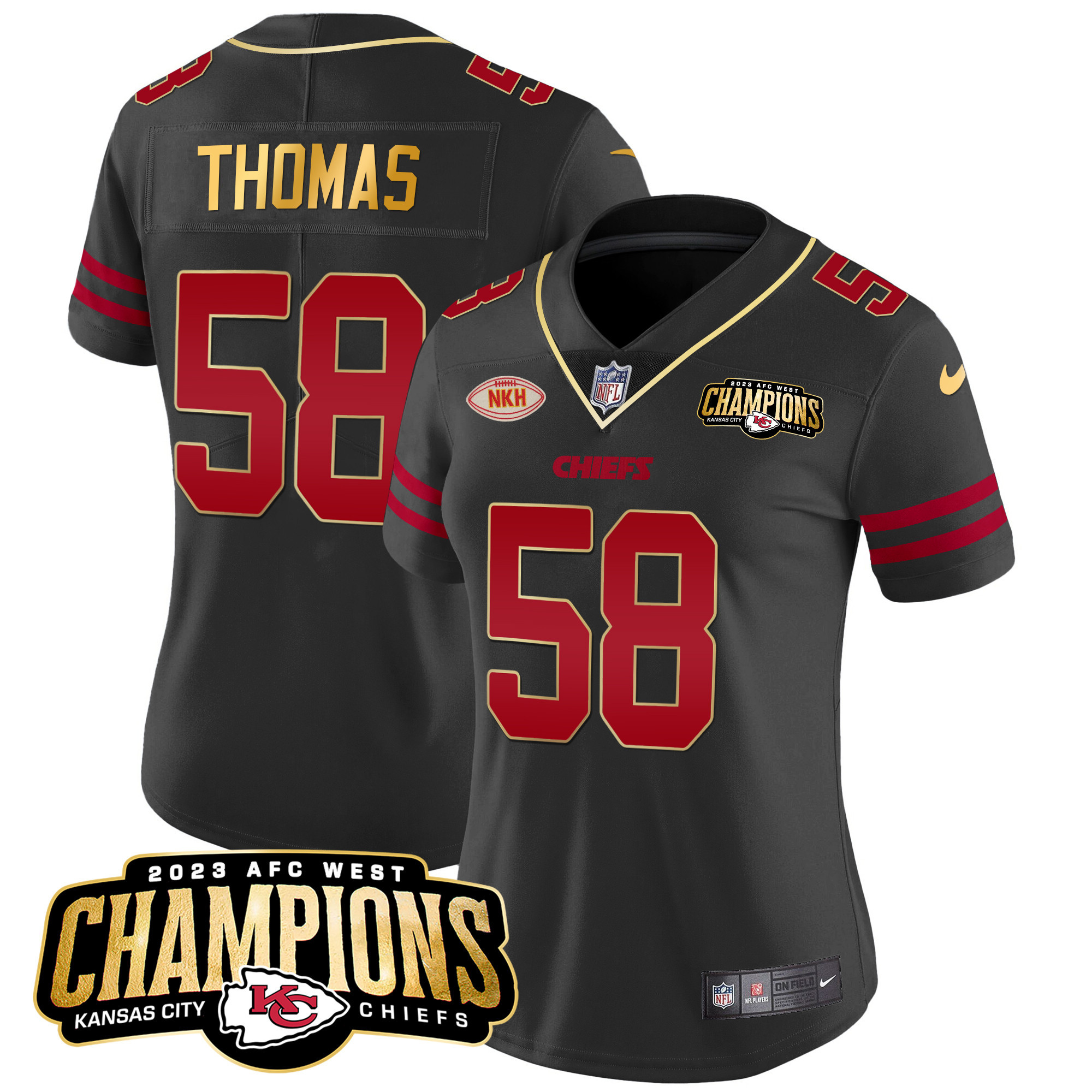 Derrick Thomas Women's Kansas City Chiefs 2023 AFC West Champions Patch Vapor Limited Gold Trim Jersey - All Stitched 
