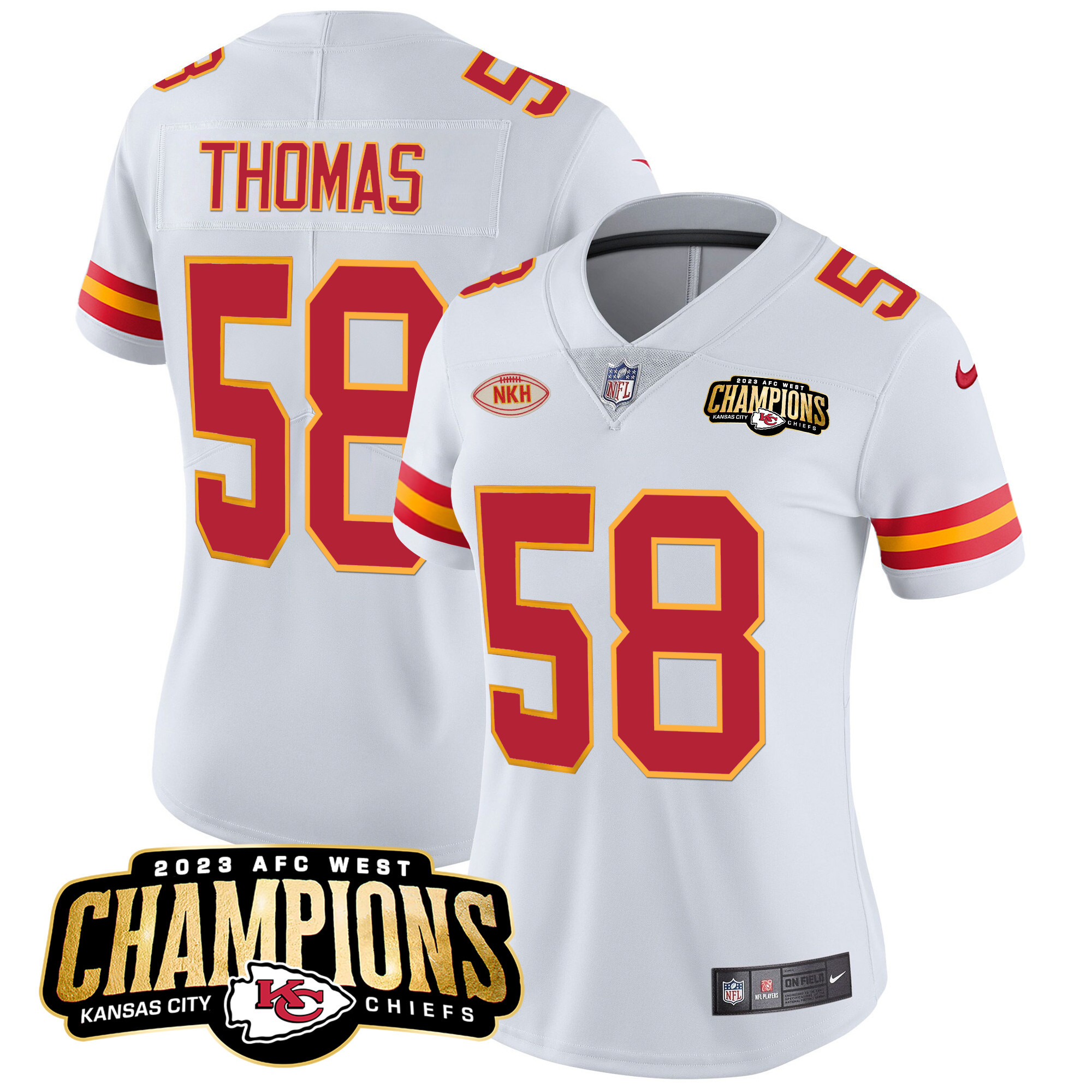 Derrick Thomas Women's Kansas City Chiefs 2023 AFC West Champions Patch Vapor Limited White Jersey - All Stitched 