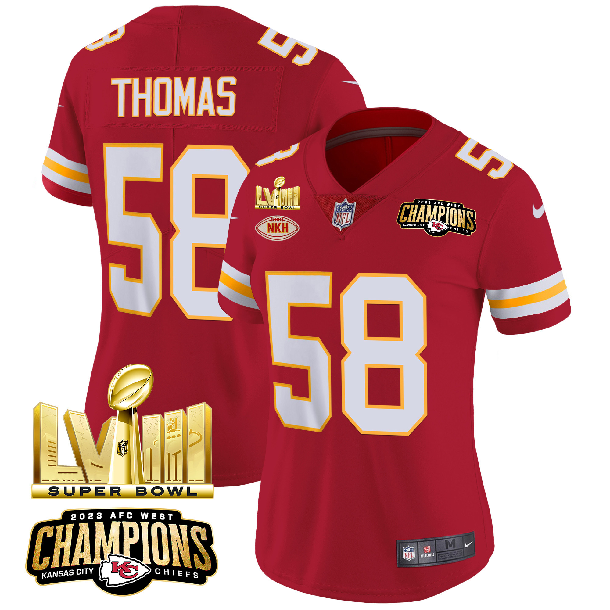 Derrick Thomas Women's Kansas City Chiefs AFC West Champions & Super Bowl LVIII Gold Patch Vapor Red Jersey - All Stitched 