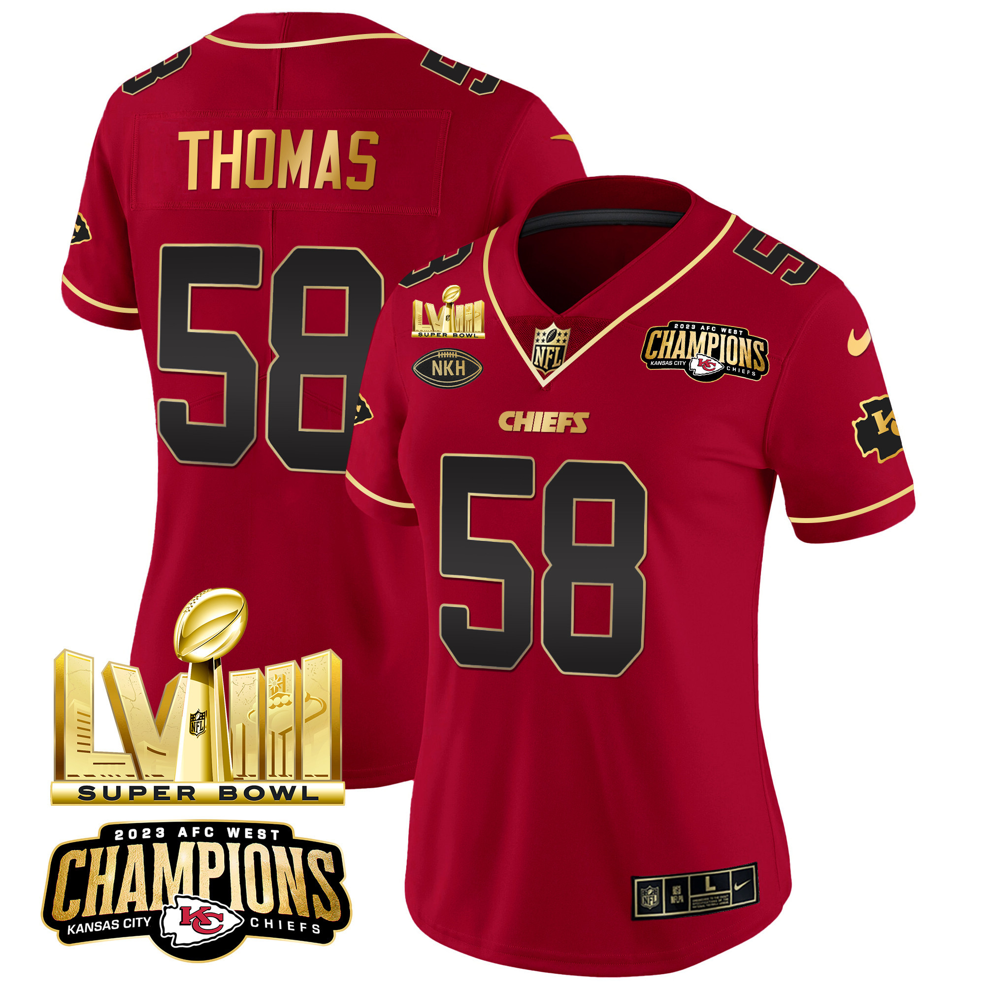 Derrick Thomas Women's Kansas City Chiefs AFC West Champions & Super Bowl LVIII Gold Patch Vapor Red Special Jersey - All Stitched 