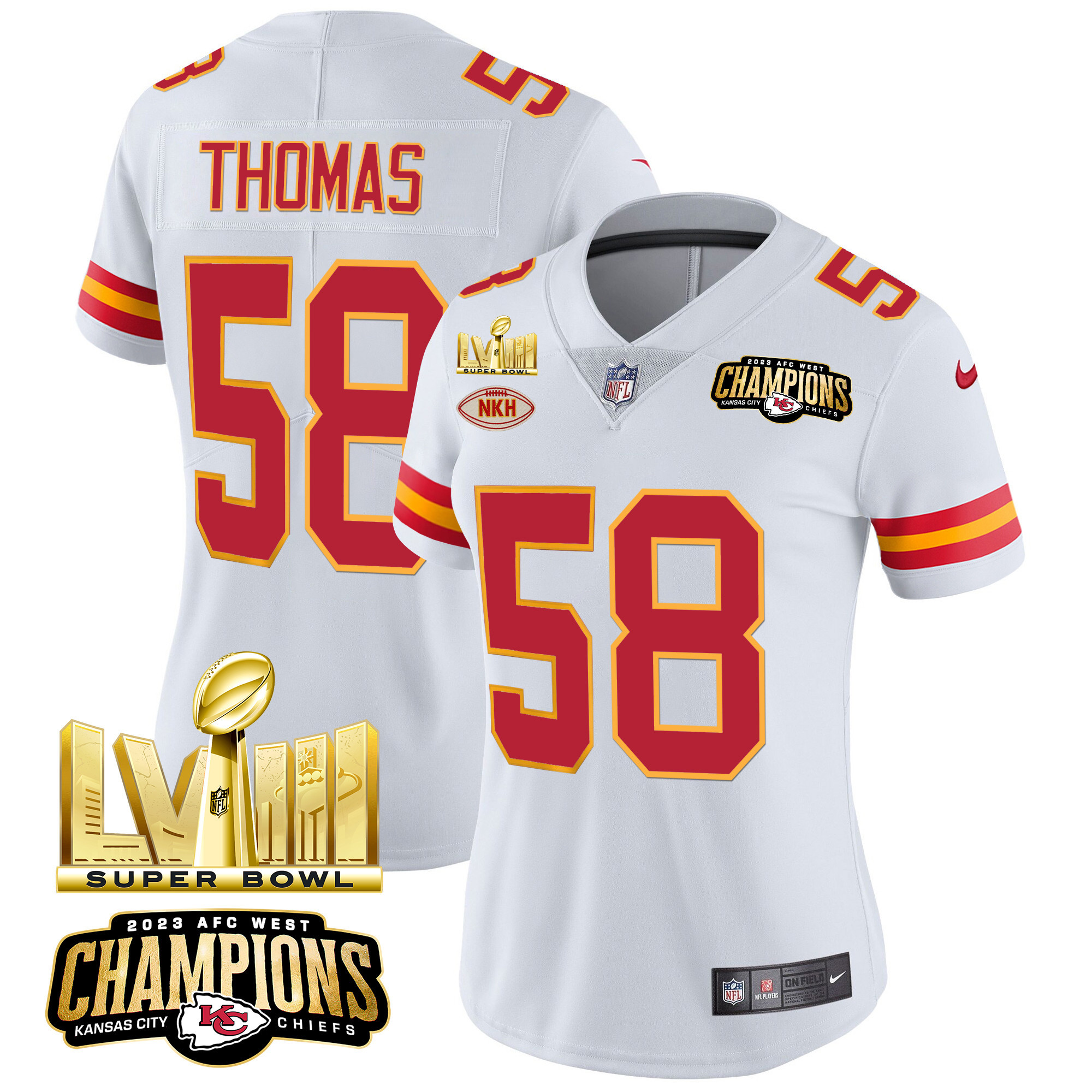 Derrick Thomas Women's Kansas City Chiefs AFC West Champions & Super Bowl LVIII Gold Patch Vapor White Jersey - All Stitched 