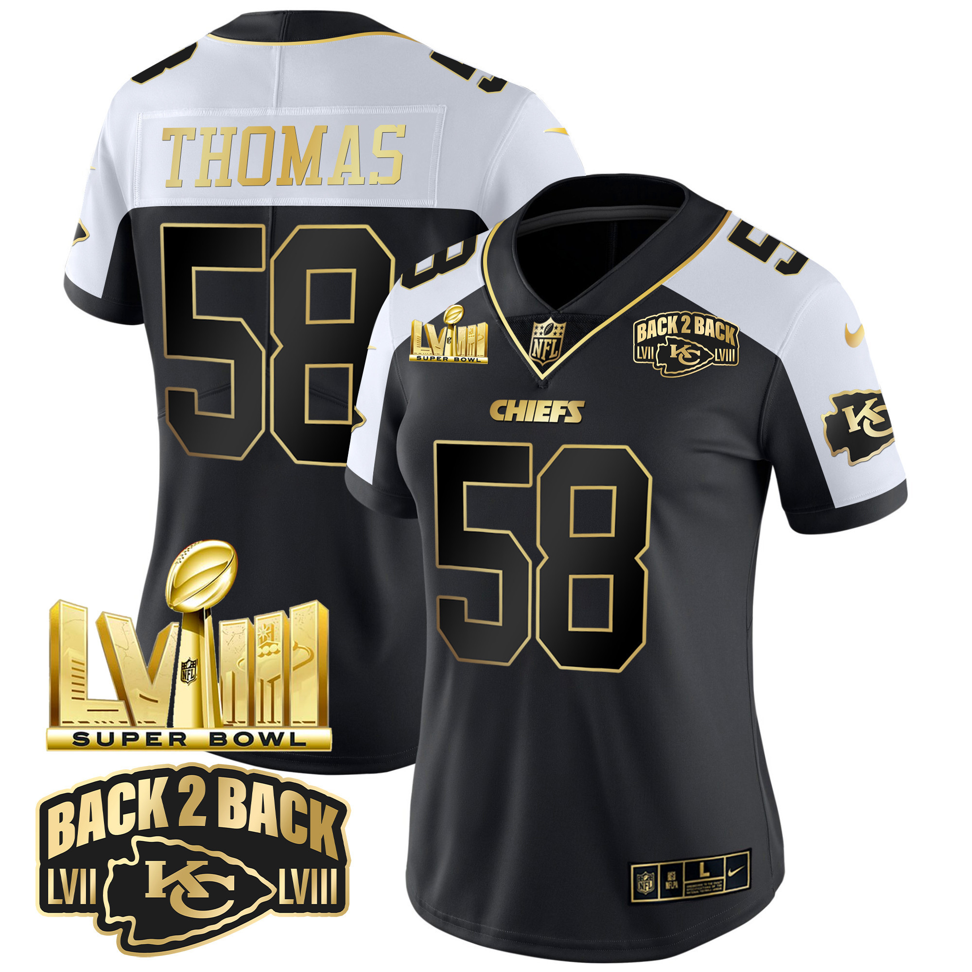Derrick Thomas Women's Kansas City Chiefs Super Bowl LVIII & Back 2 Back Gold Patch Vapor Alternate Jersey - All Stitched 