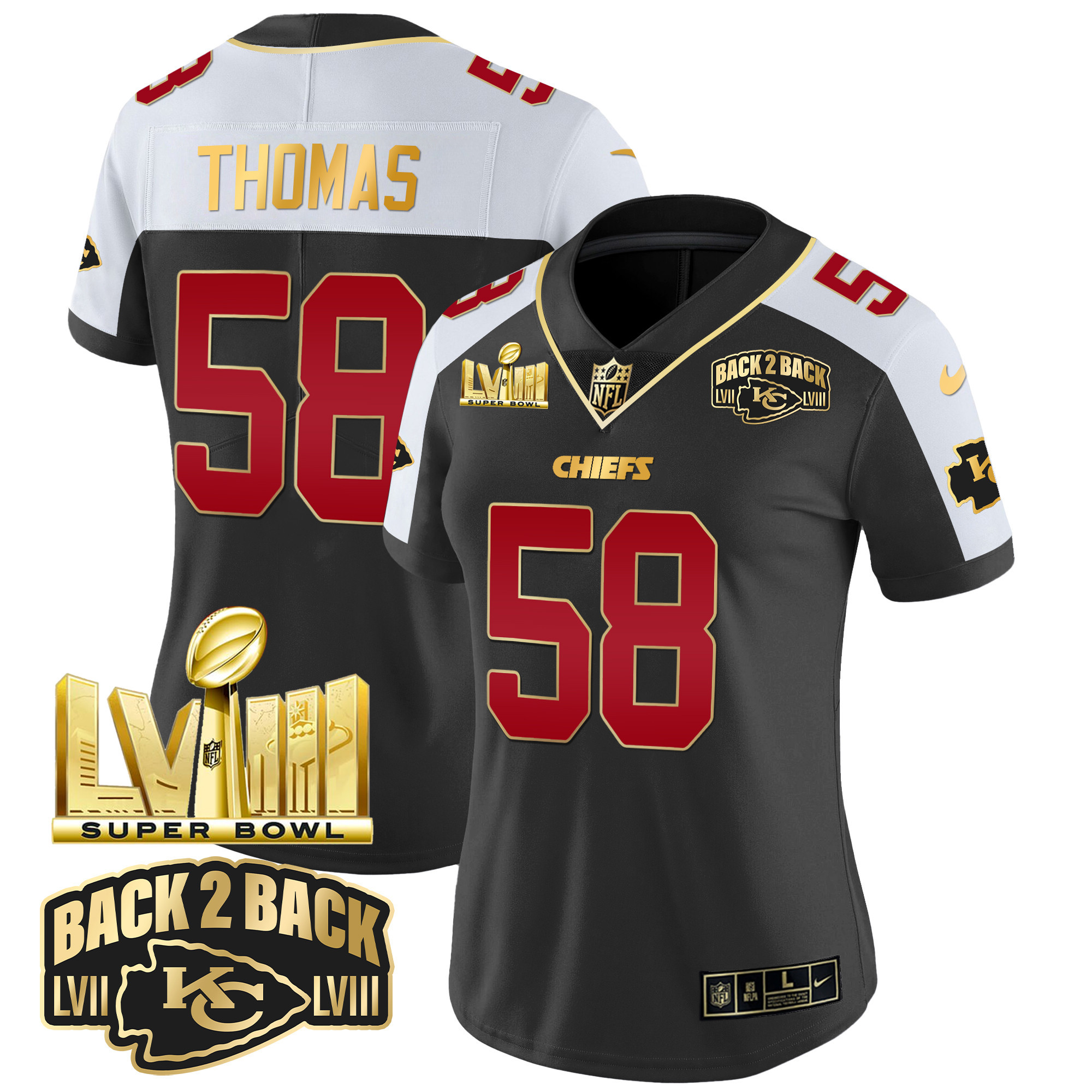 Derrick Thomas Women's Kansas City Chiefs Super Bowl LVIII & Back 2 Back Gold Patch Vapor Black Alternate Jersey - All Stitched 