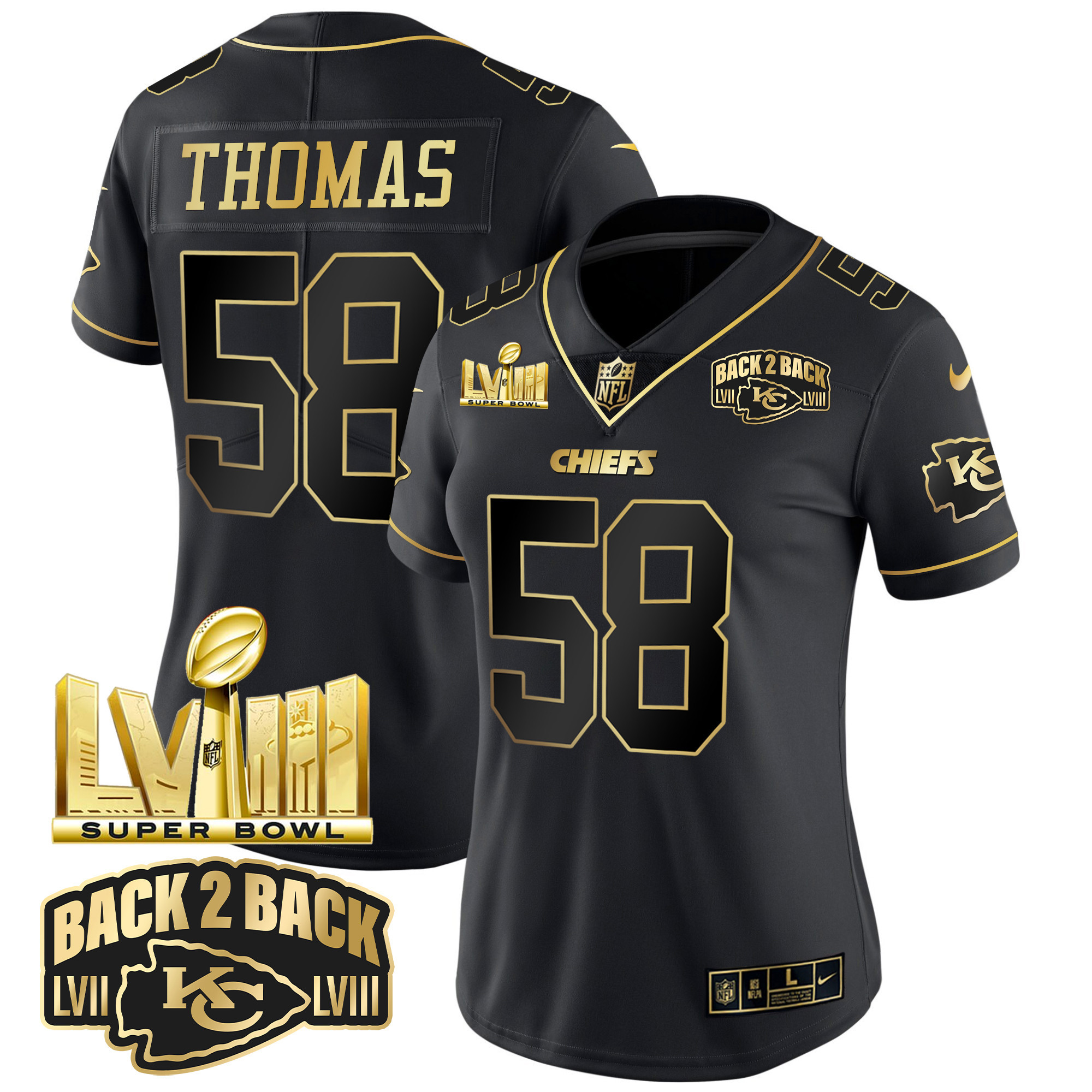 Derrick Thomas Women's Kansas City Chiefs Super Bowl LVIII & Back 2 Back Gold Patch Vapor Black Gold Jersey - All Stitched 