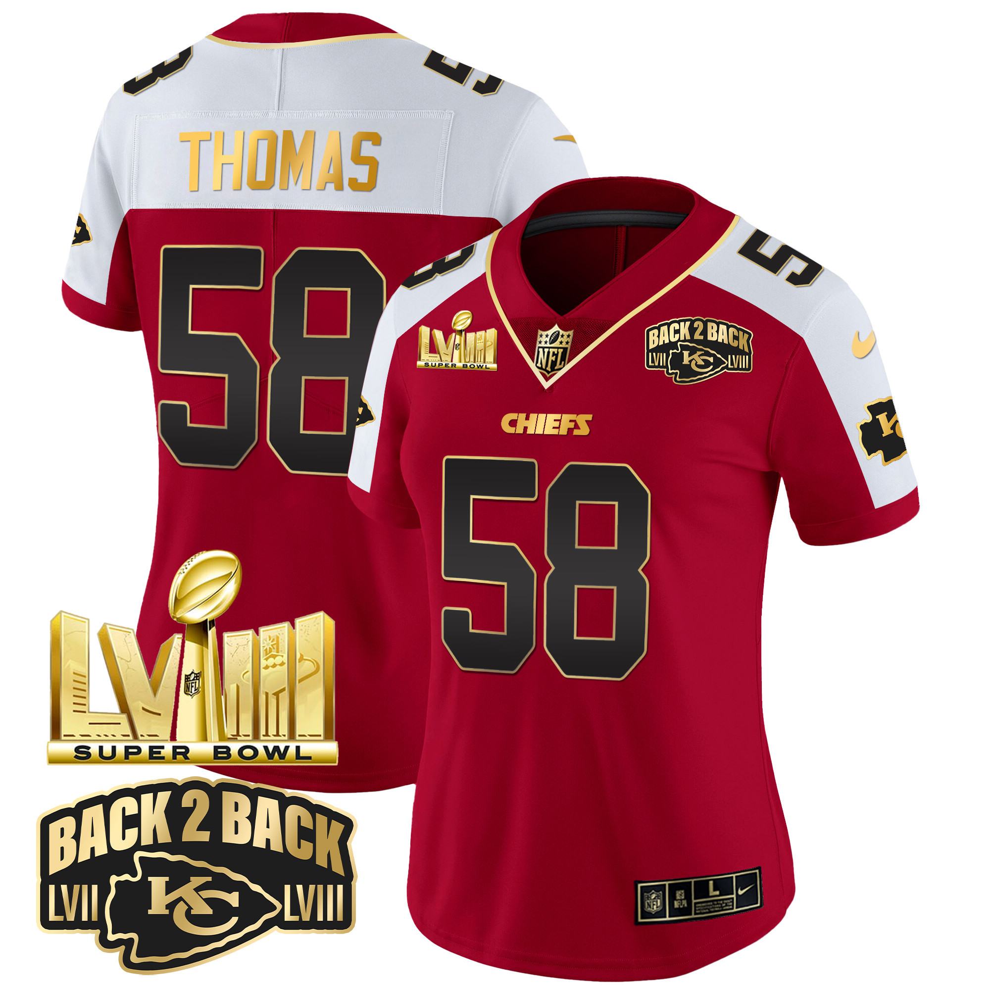 Derrick Thomas Women's Kansas City Chiefs Super Bowl LVIII & Back 2 Back Gold Patch Vapor Red Alternate Jersey - All Stitched 