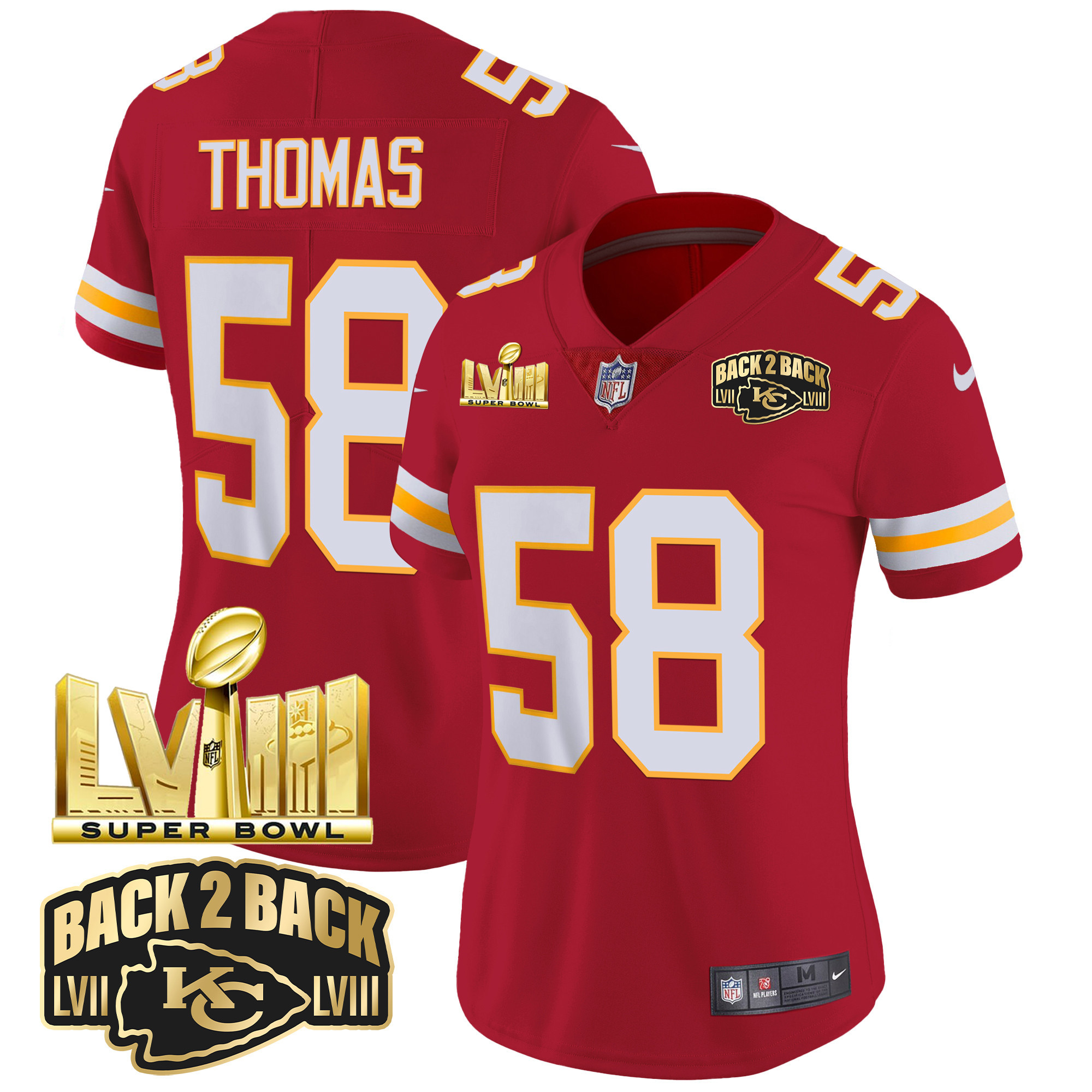Derrick Thomas Women's Kansas City Chiefs Super Bowl LVIII & Back 2 Back Gold Patch Vapor Red Jersey - All Stitched 