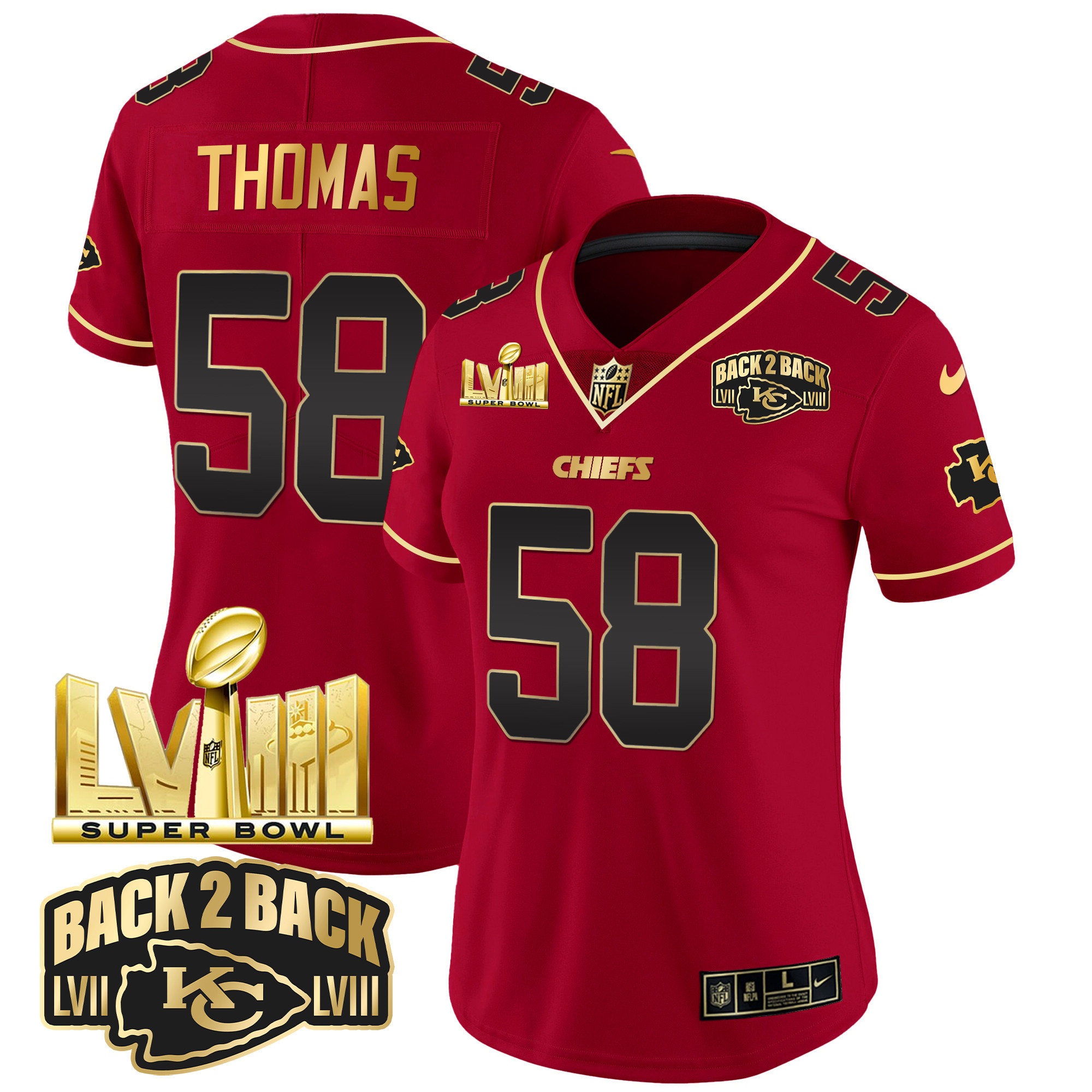 Derrick Thomas Women's Kansas City Chiefs Super Bowl LVIII & Back 2 Back Gold Patch Vapor Red Special Jersey - All Stitched 