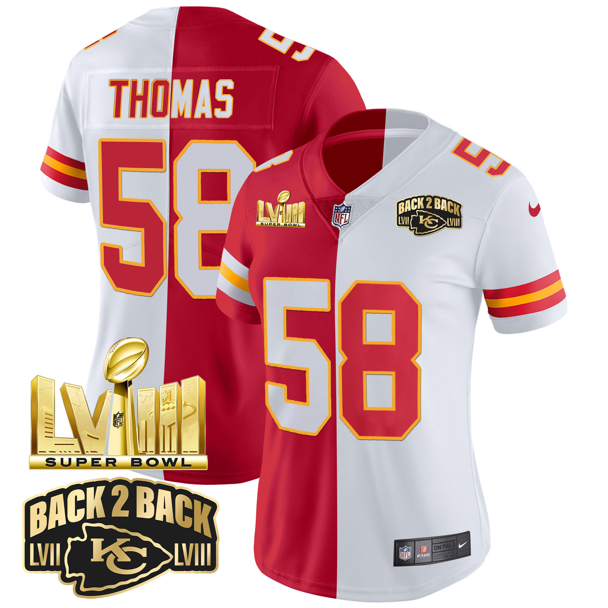 Derrick Thomas Women's Kansas City Chiefs Super Bowl LVIII & Back 2 Back Gold Patch Vapor Split Jersey - All Stitched 