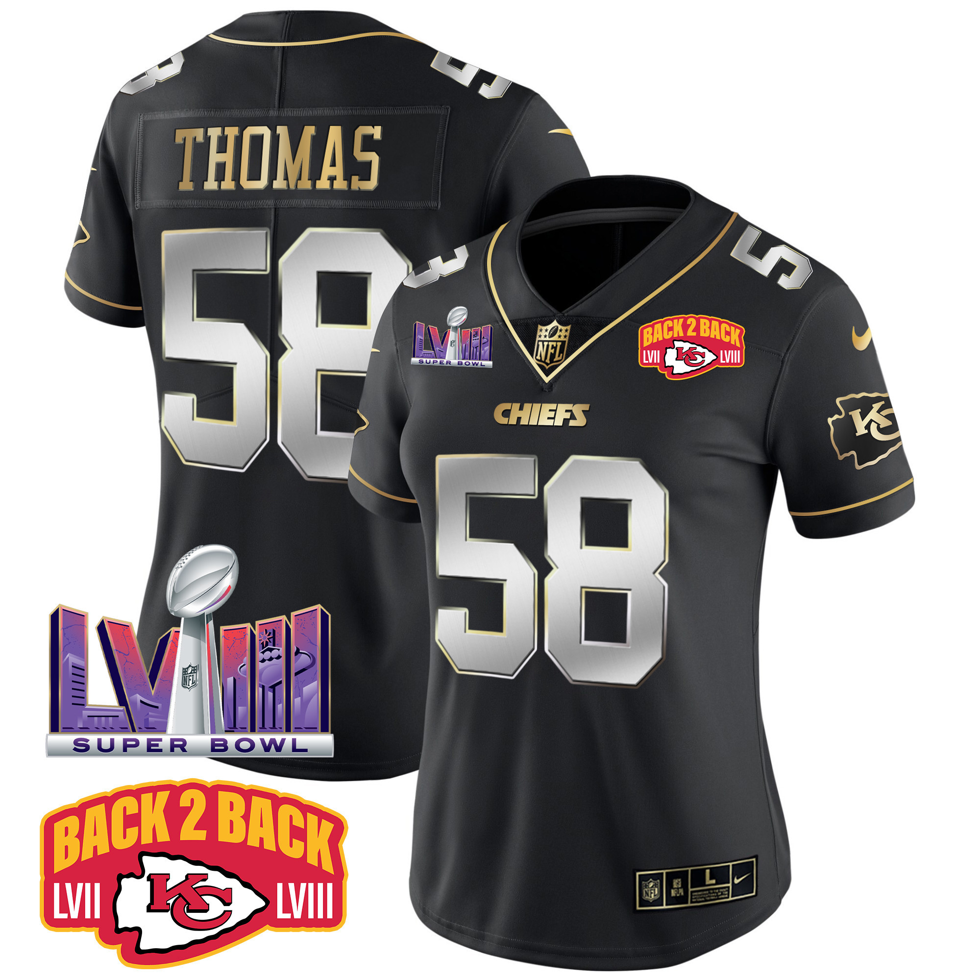 Derrick Thomas Women's Kansas City Chiefs Super Bowl LVIII & Back 2 Back Patch Vapor Black Limited Jersey - All Stitched 