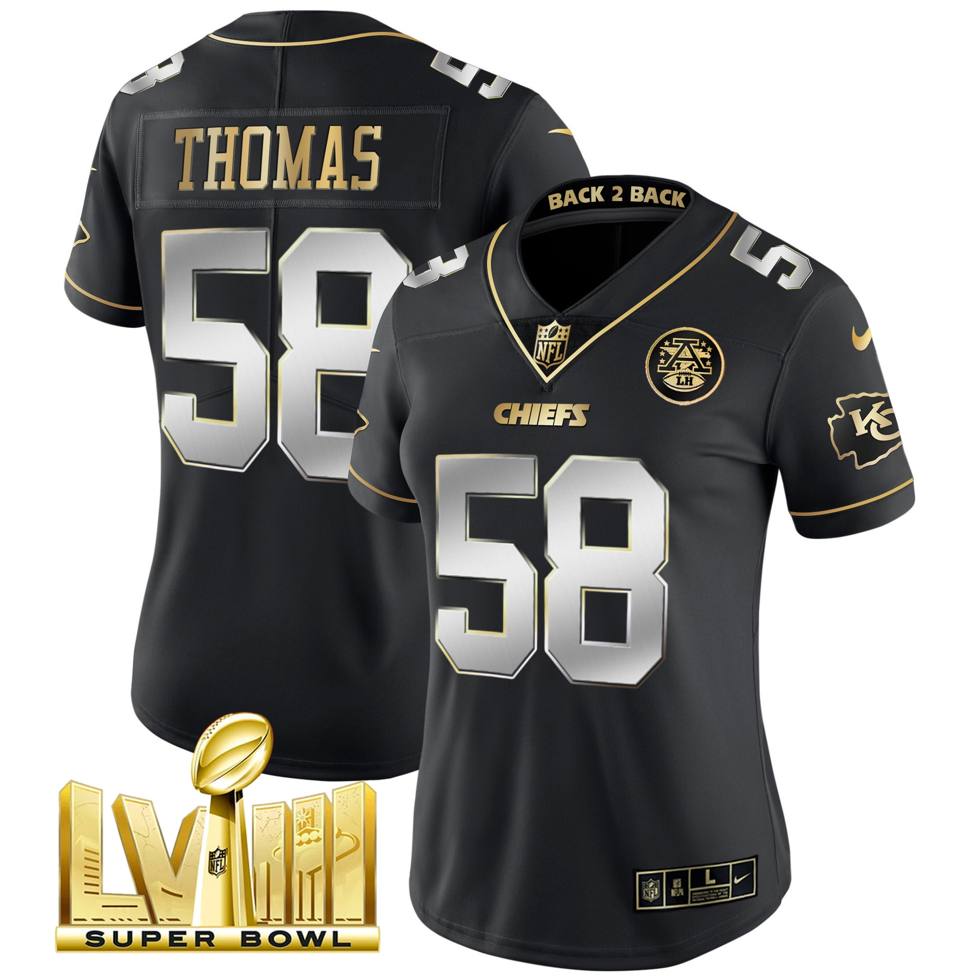 Derrick Thomas Women's Kansas City Chiefs Super Bowl LVIII & Back 2 Back Patch Vapor Black Limited Jersey - All Stitched 