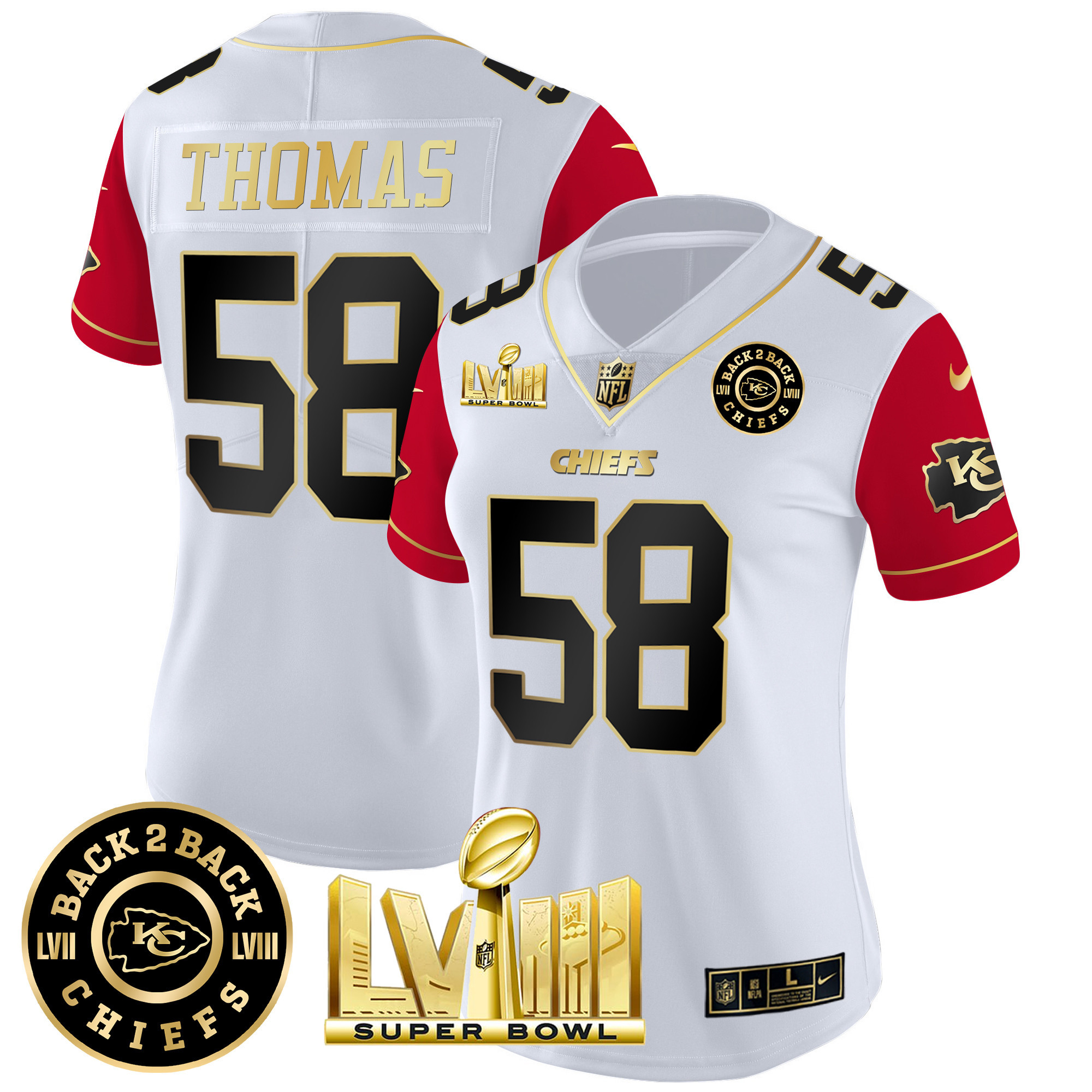 Derrick Thomas Women's Kansas City Chiefs Super Bowl LVIII & Back 2 Back Patch Vapor Color Sleeves Jersey - All Stitched 