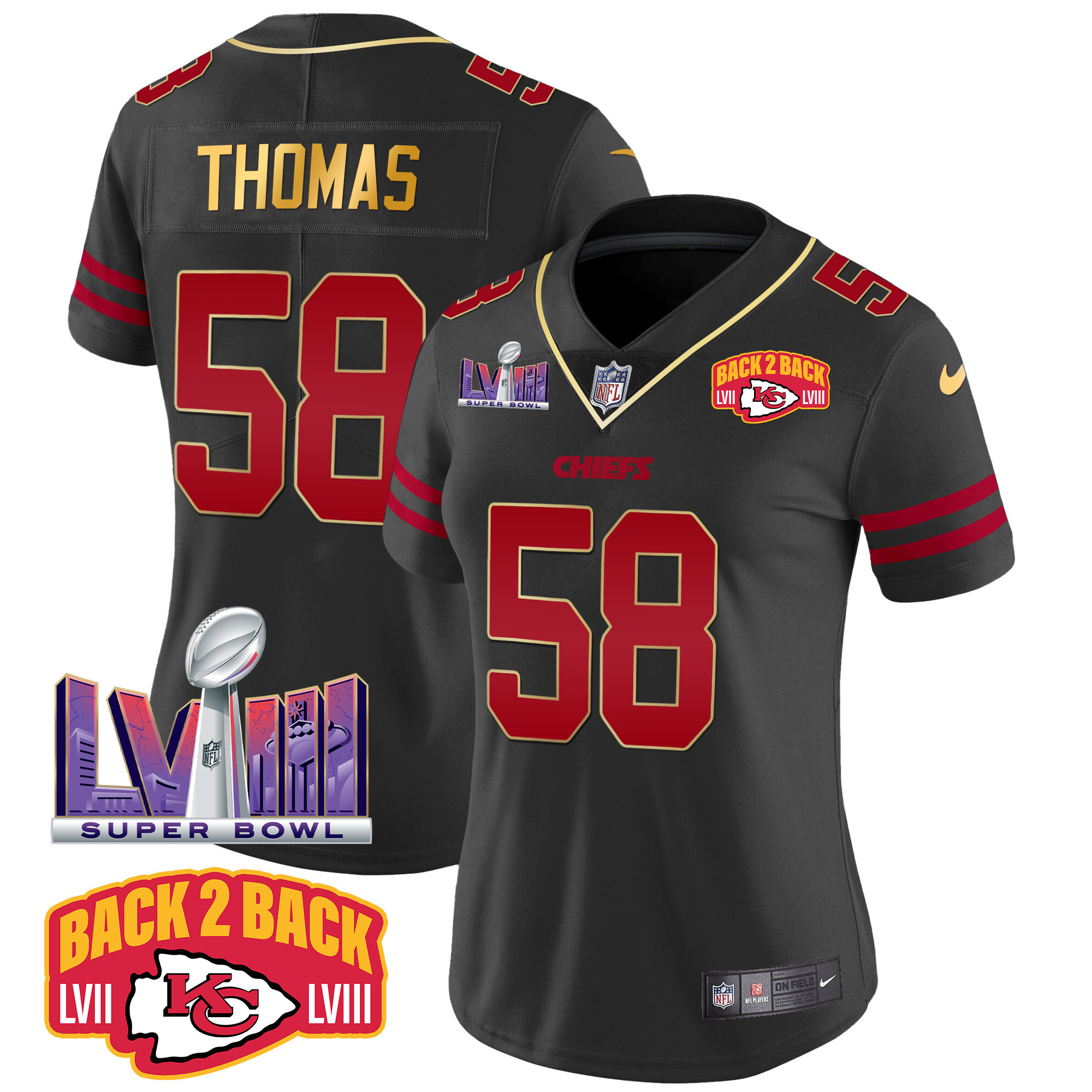 Derrick Thomas Women's Kansas City Chiefs Super Bowl LVIII & Back 2 Back Patch Vapor Gold Trim Jersey - All Stitched 