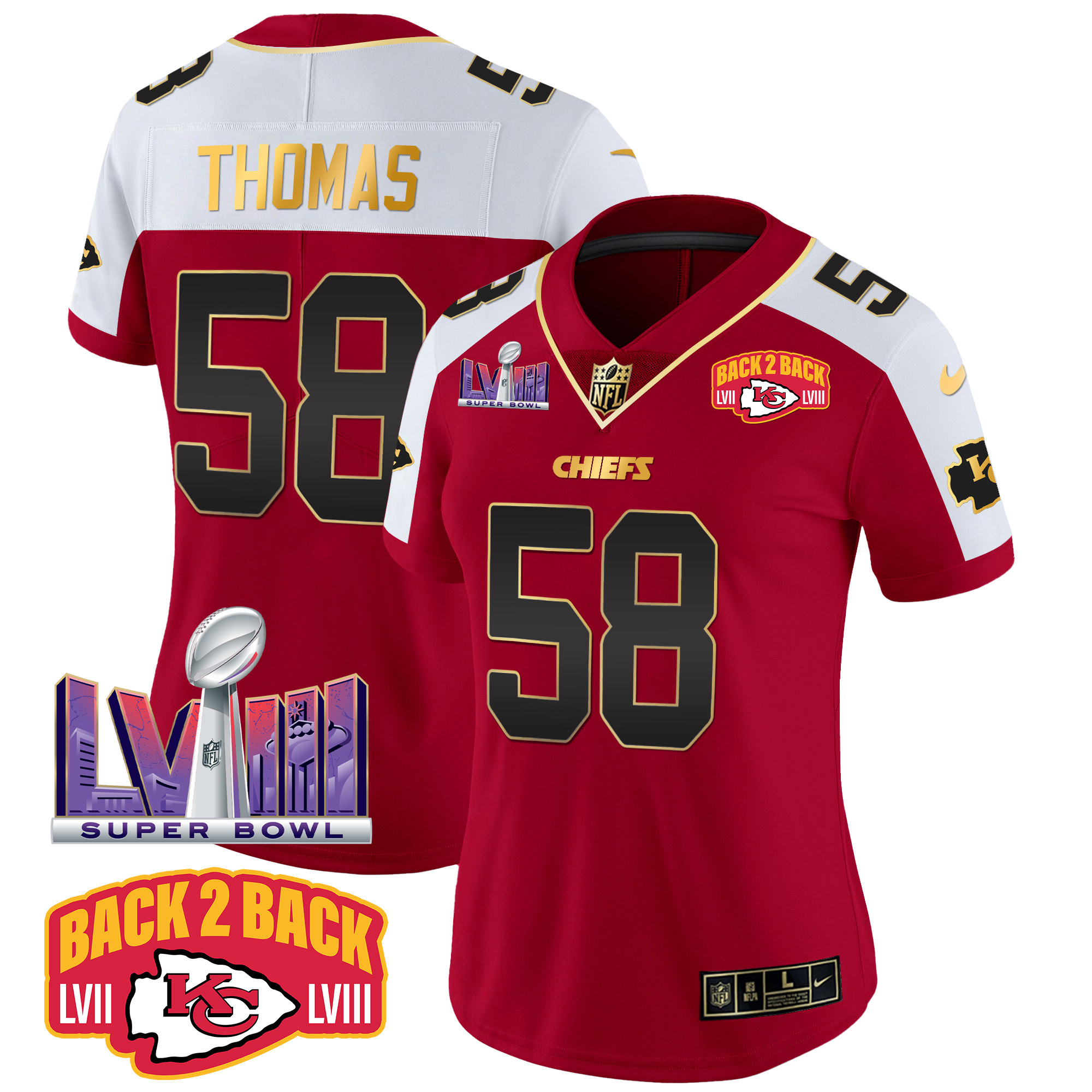 Derrick Thomas Women's Kansas City Chiefs Super Bowl LVIII & Back 2 Back Patch Vapor Red Alternate Jersey - All Stitched 
