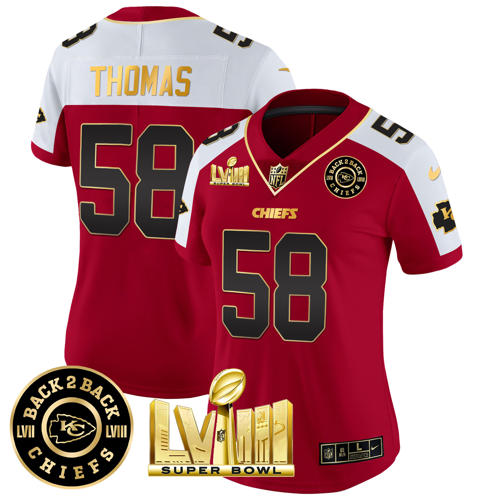 Derrick Thomas Women's Kansas City Chiefs Super Bowl LVIII & Back 2 Back Patch Vapor Red Alternate Jersey - All Stitched 