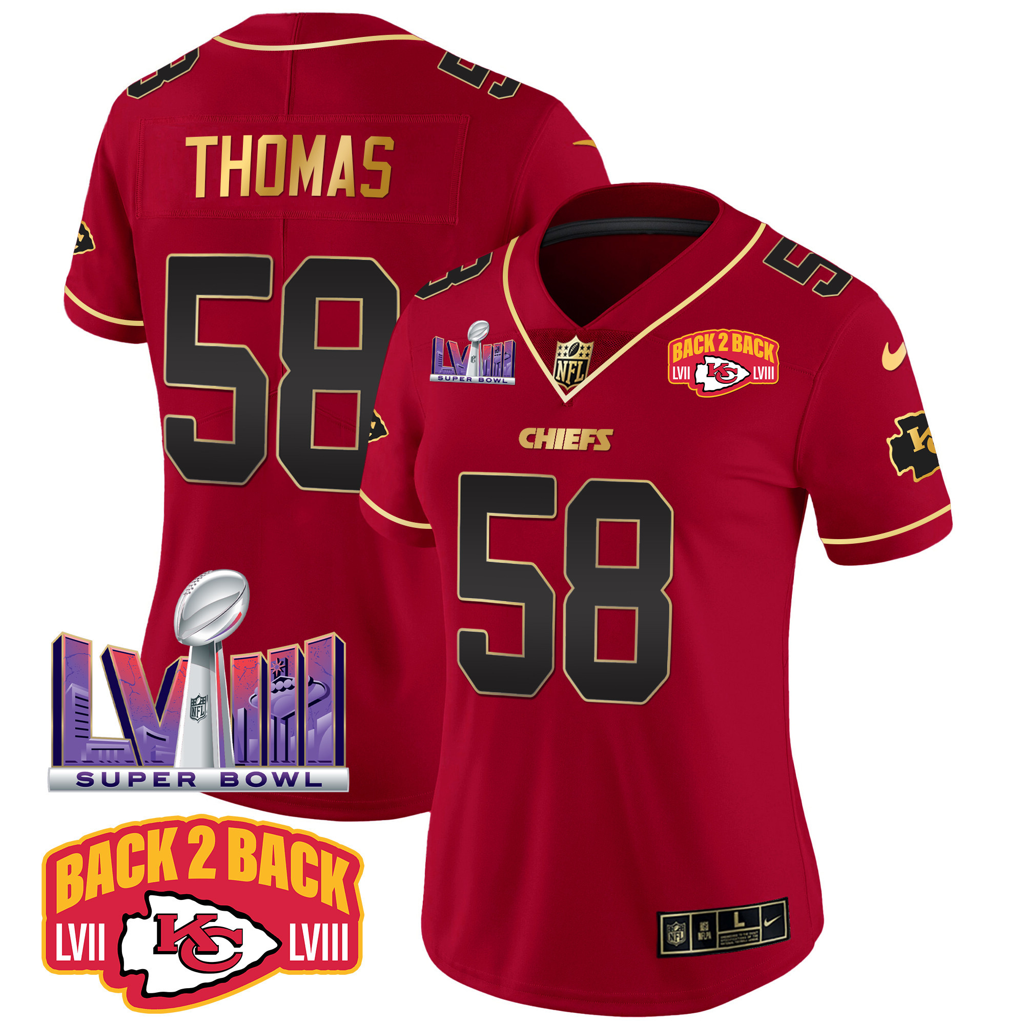 Derrick Thomas Women's Kansas City Chiefs Super Bowl LVIII & Back 2 Back Patch Vapor Red Special Jersey - All Stitched 