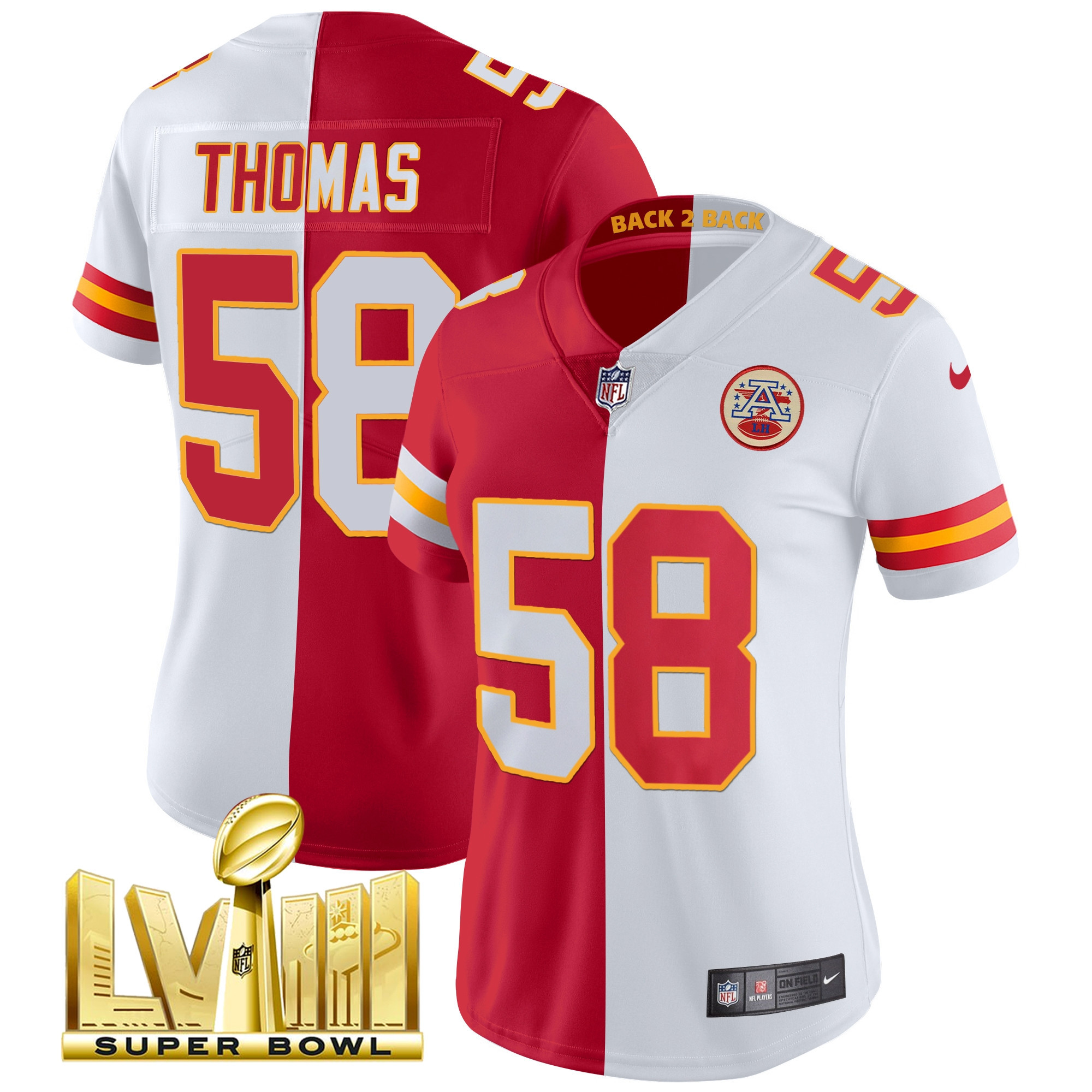 Derrick Thomas Women's Kansas City Chiefs Super Bowl LVIII & Back 2 Back Patch Vapor Split Jersey - All Stitched 