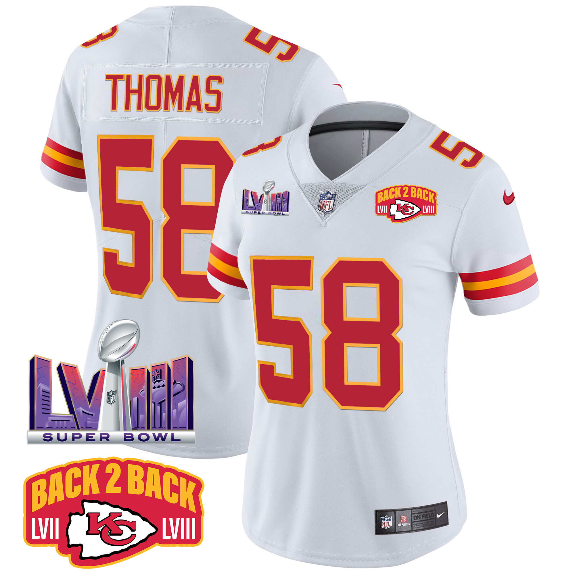 Derrick Thomas Women's Kansas City Chiefs Super Bowl LVIII & Back 2 Back Patch Vapor White Jersey - All Stitched 