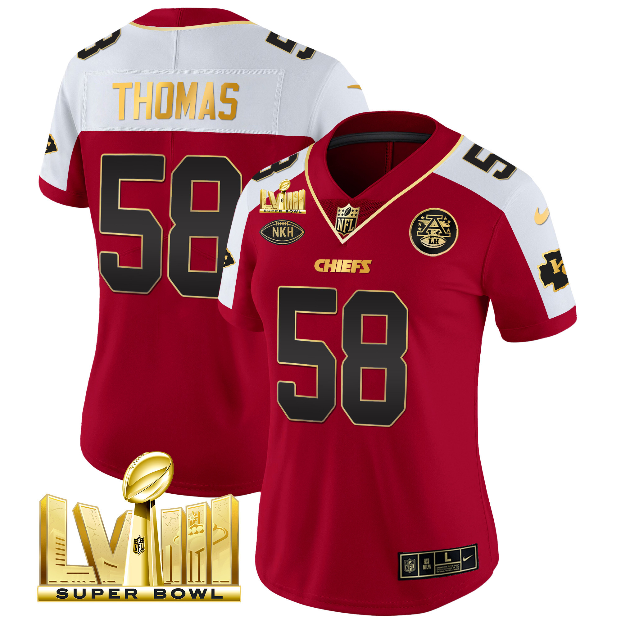 Derrick Thomas Women's Kansas City Chiefs Super Bowl LVIII Gold Patch Vapor Red Alternate Jersey - All Stitched 