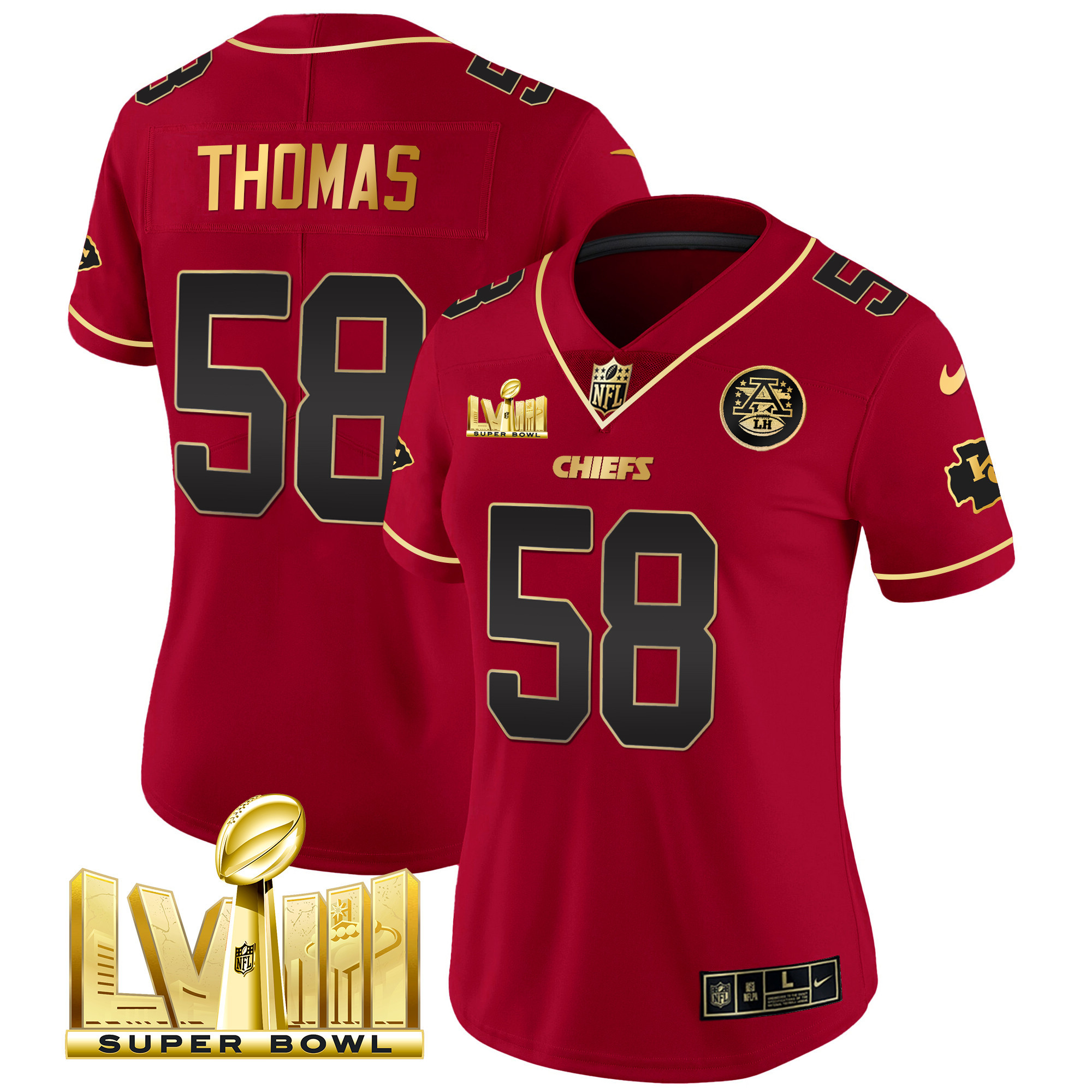 Derrick Thomas Women's Kansas City Chiefs Super Bowl LVIII Gold Patch Vapor Red Special Jersey - All Stitched 