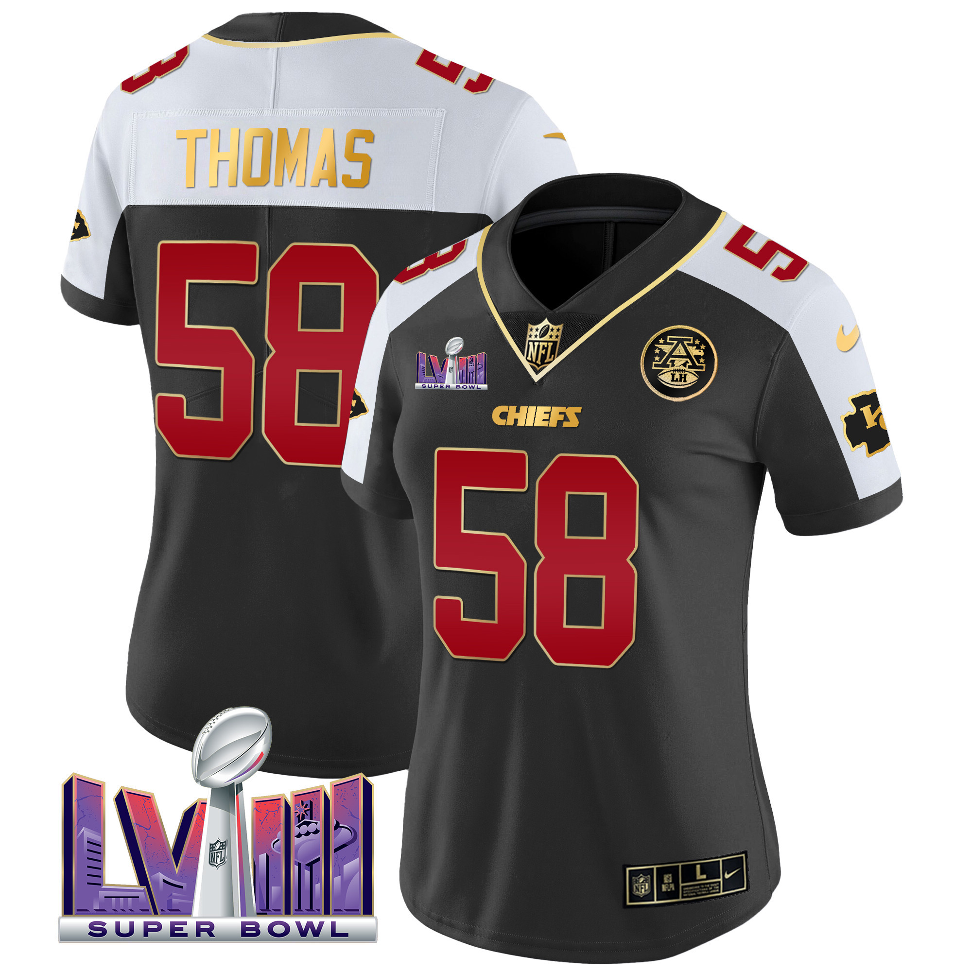 Derrick Thomas Women's Kansas City Chiefs Super Bowl LVIII Patch Vapor Black Alternate Jersey - All Stitched 