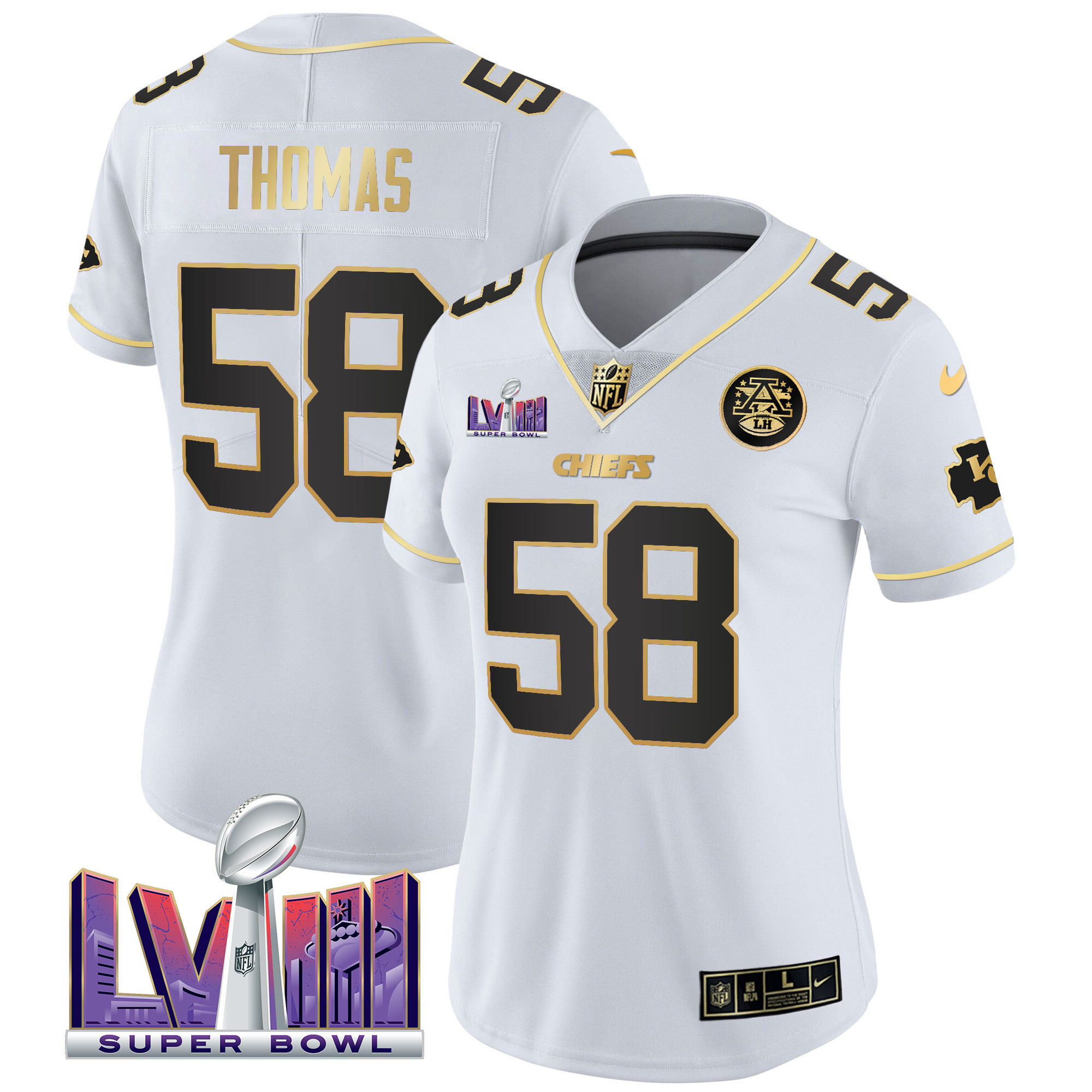 Derrick Thomas Women's Kansas City Chiefs Super Bowl LVIII Patch Vapor White Gold Jersey - All Stitched 