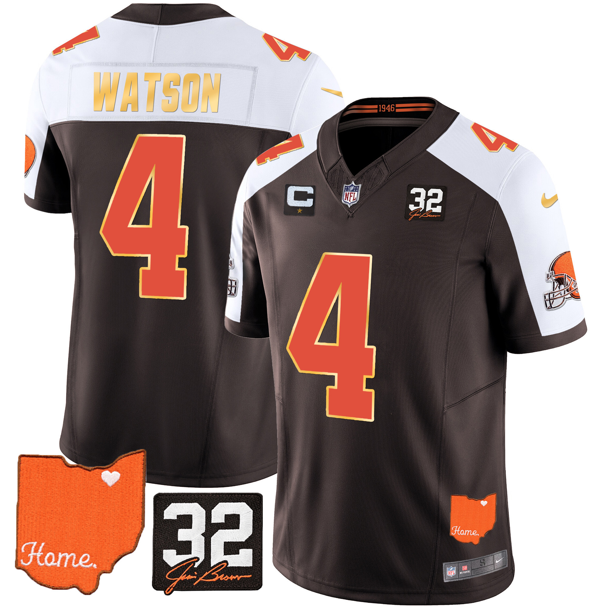 Deshaun Watson Men's Cleveland Browns #32 Jim Brown Memorial & Home Patch Gold Trim Alternate Jersey - All Stitched