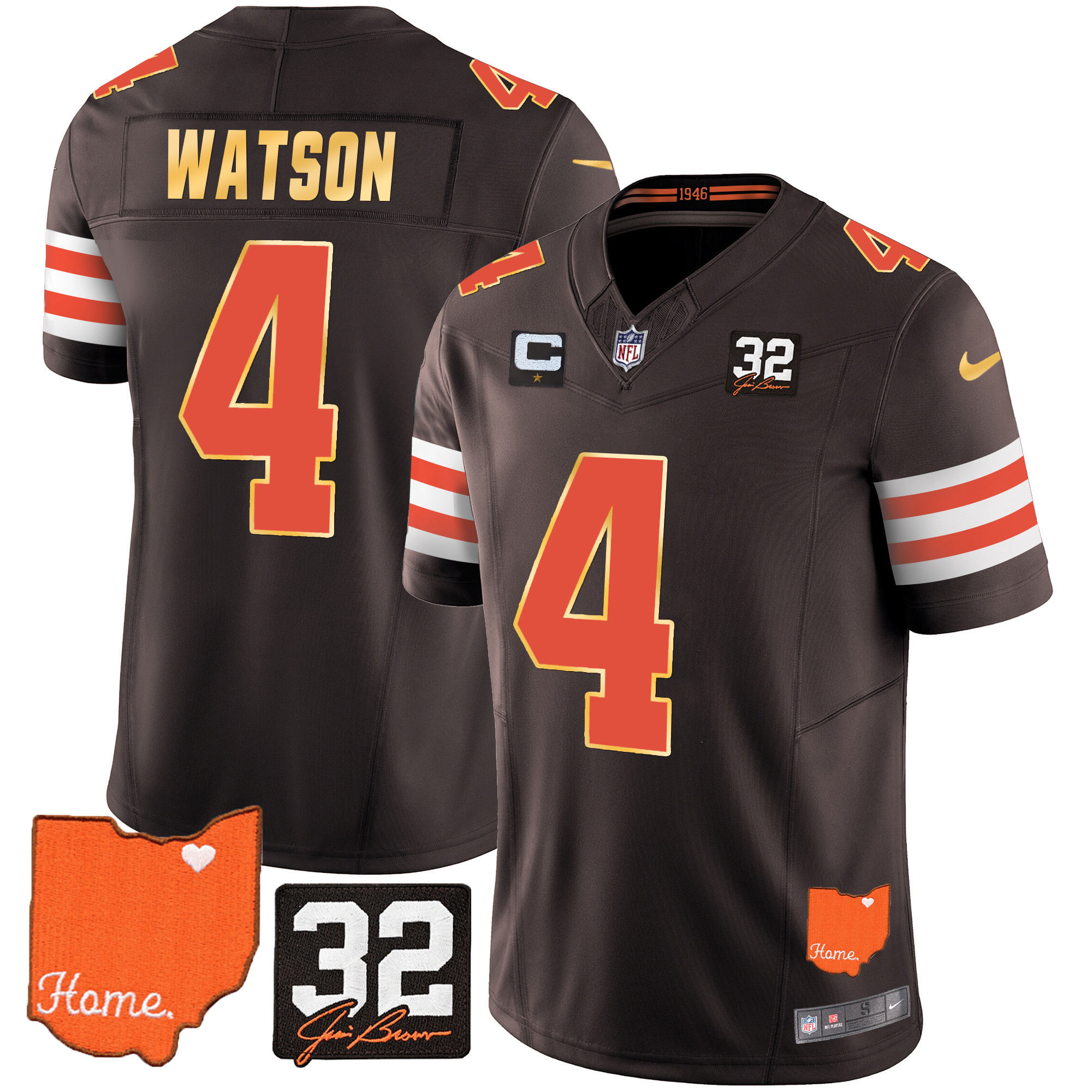Deshaun Watson Men's Cleveland Browns #32 Jim Brown Memorial & Home Patch Gold Trim Jersey - All Stitched