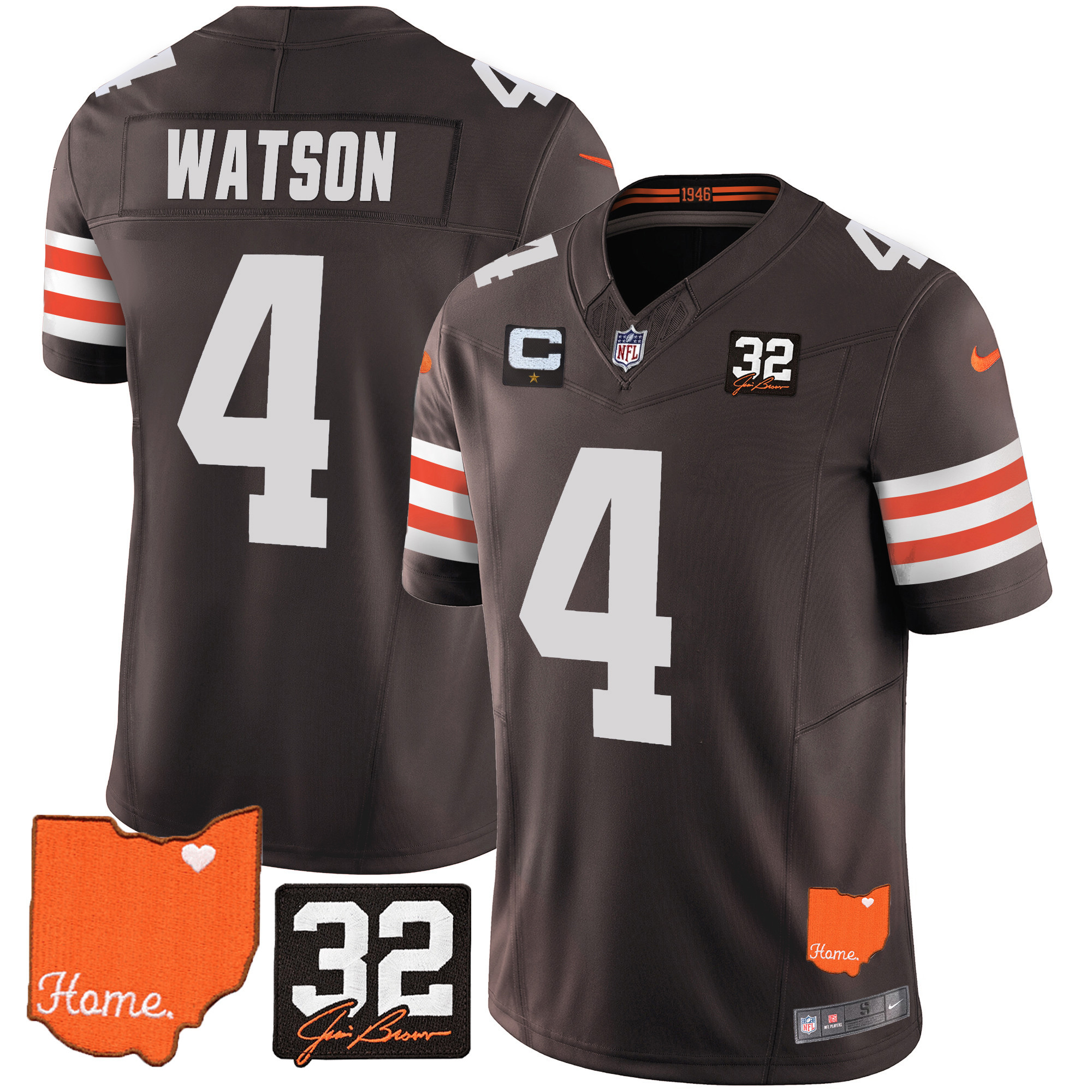 Deshaun Watson Men's Cleveland Browns #32 Jim Brown Memorial & Home Patch Jersey - All Stitched