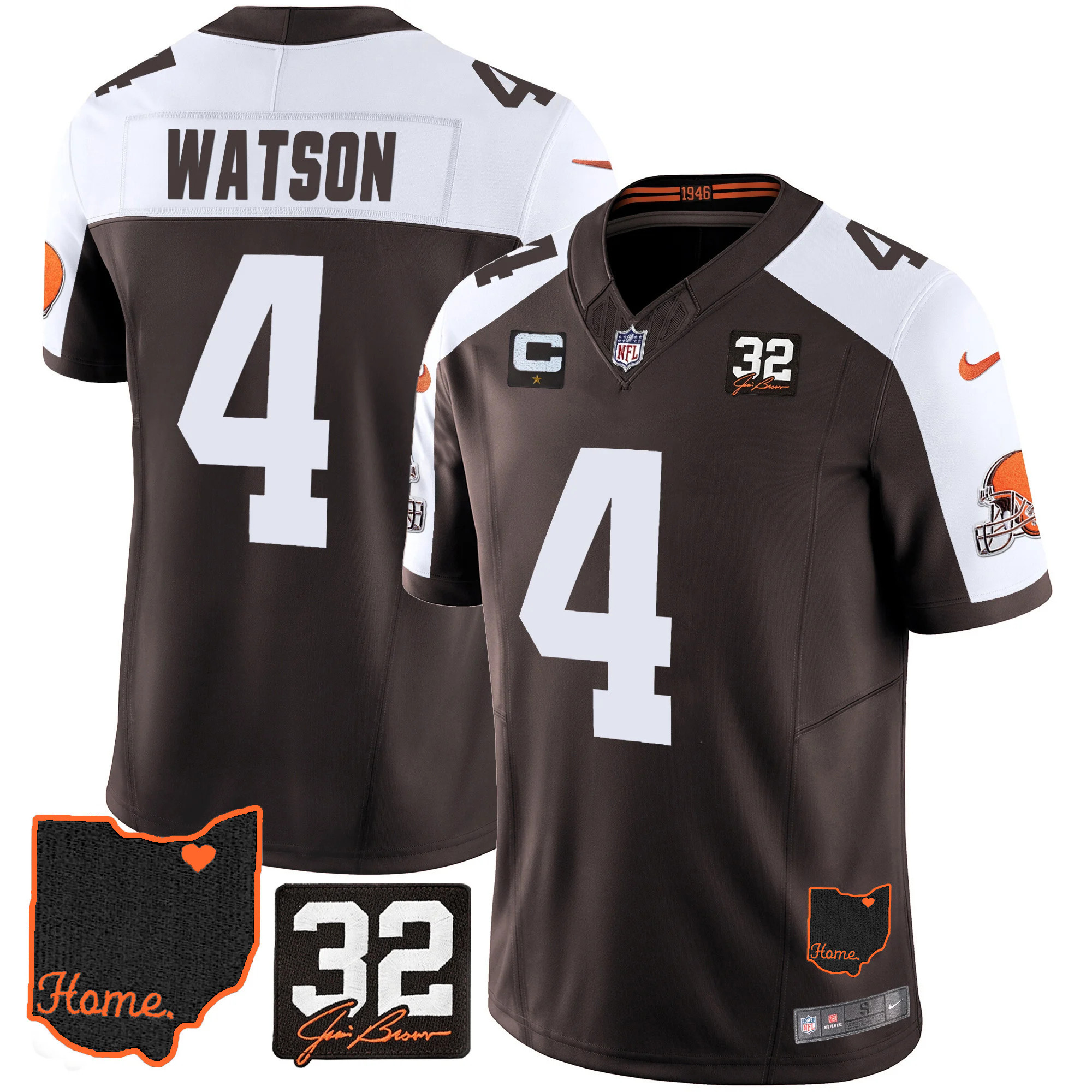 Deshaun Watson Men's Cleveland Browns #32 Jim Brown Memorial & Home Patch V3 Alternate Jersey - All Stitched