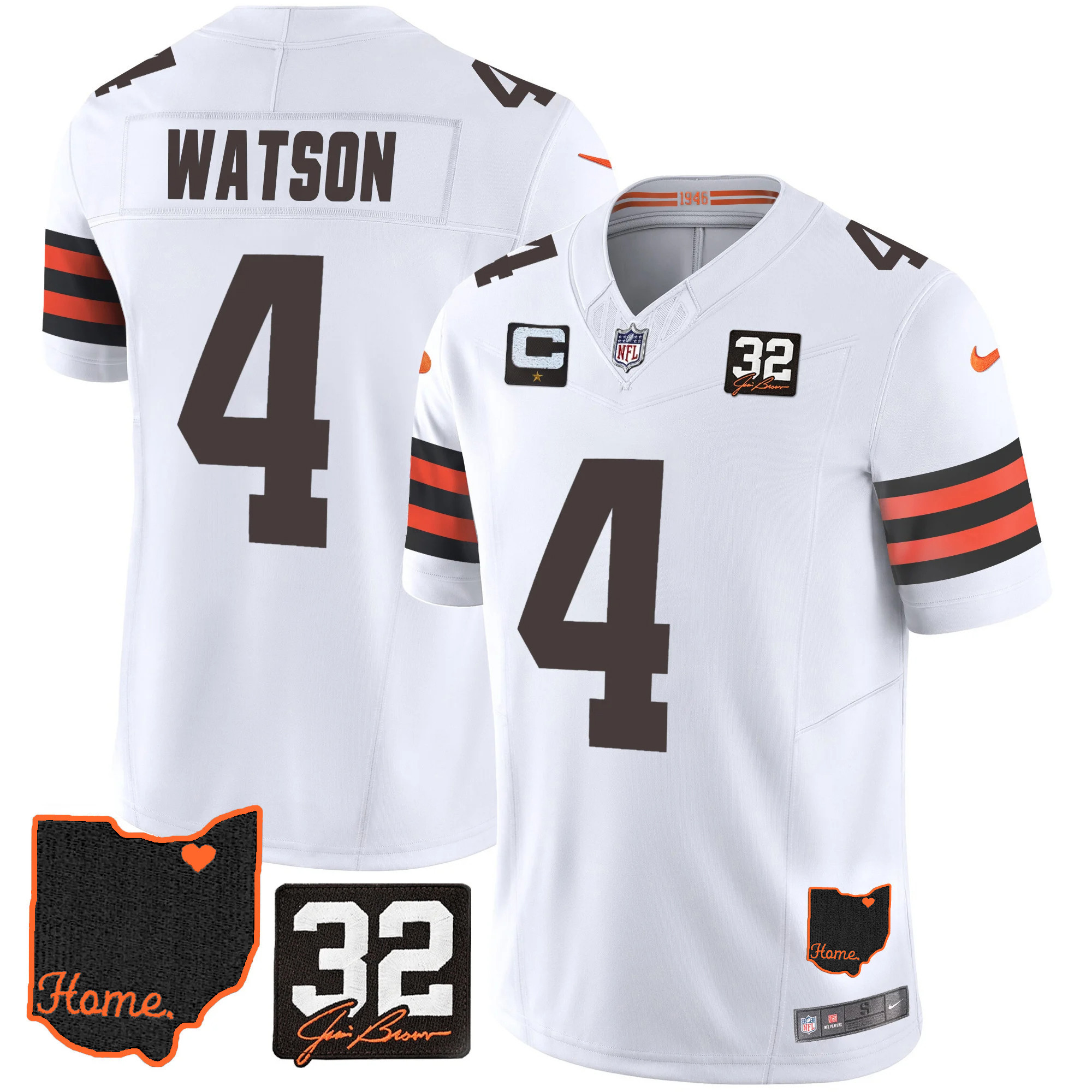 Deshaun Watson Men's Cleveland Browns #32 Jim Brown Memorial & Home Patch V3 White Jersey - All Stitched