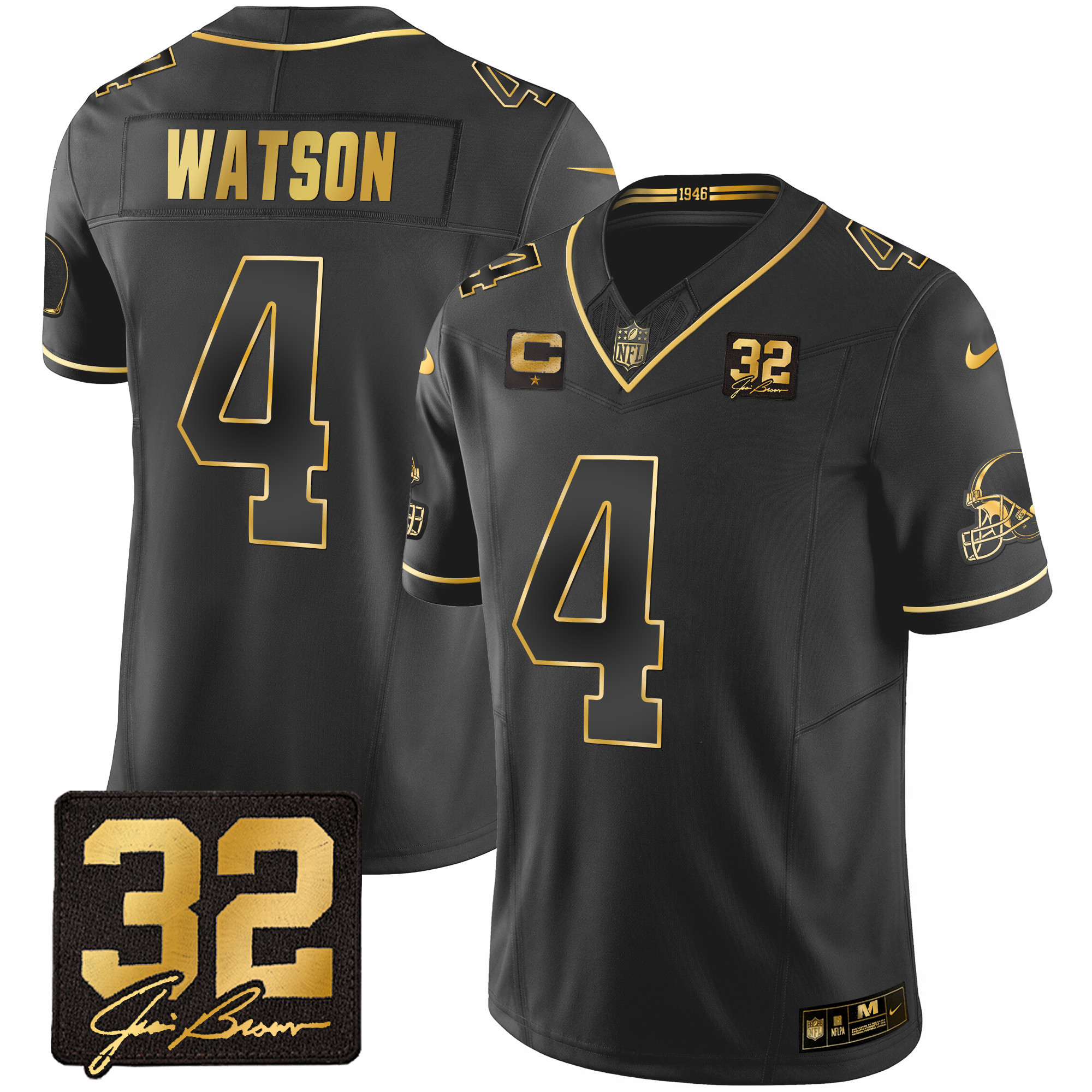 Deshaun Watson Men's Cleveland Browns #32 Jim Brown Memorial Patch Gold Black Gold Jersey - All Stitched