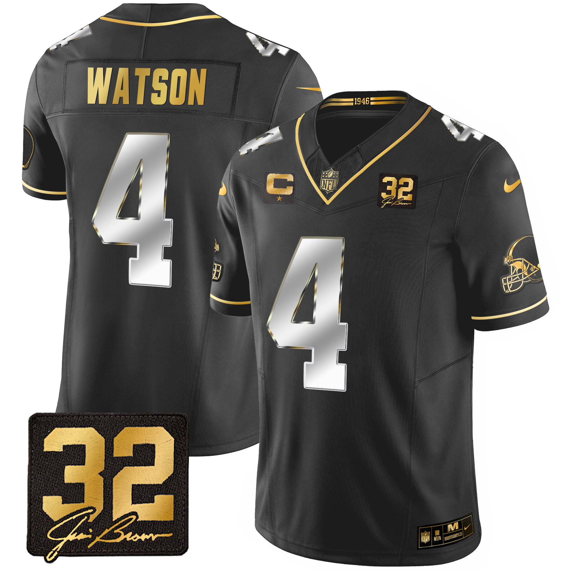 Deshaun Watson Men's Cleveland Browns #32 Jim Brown Memorial Patch Gold Black Limited Jersey - All Stitched