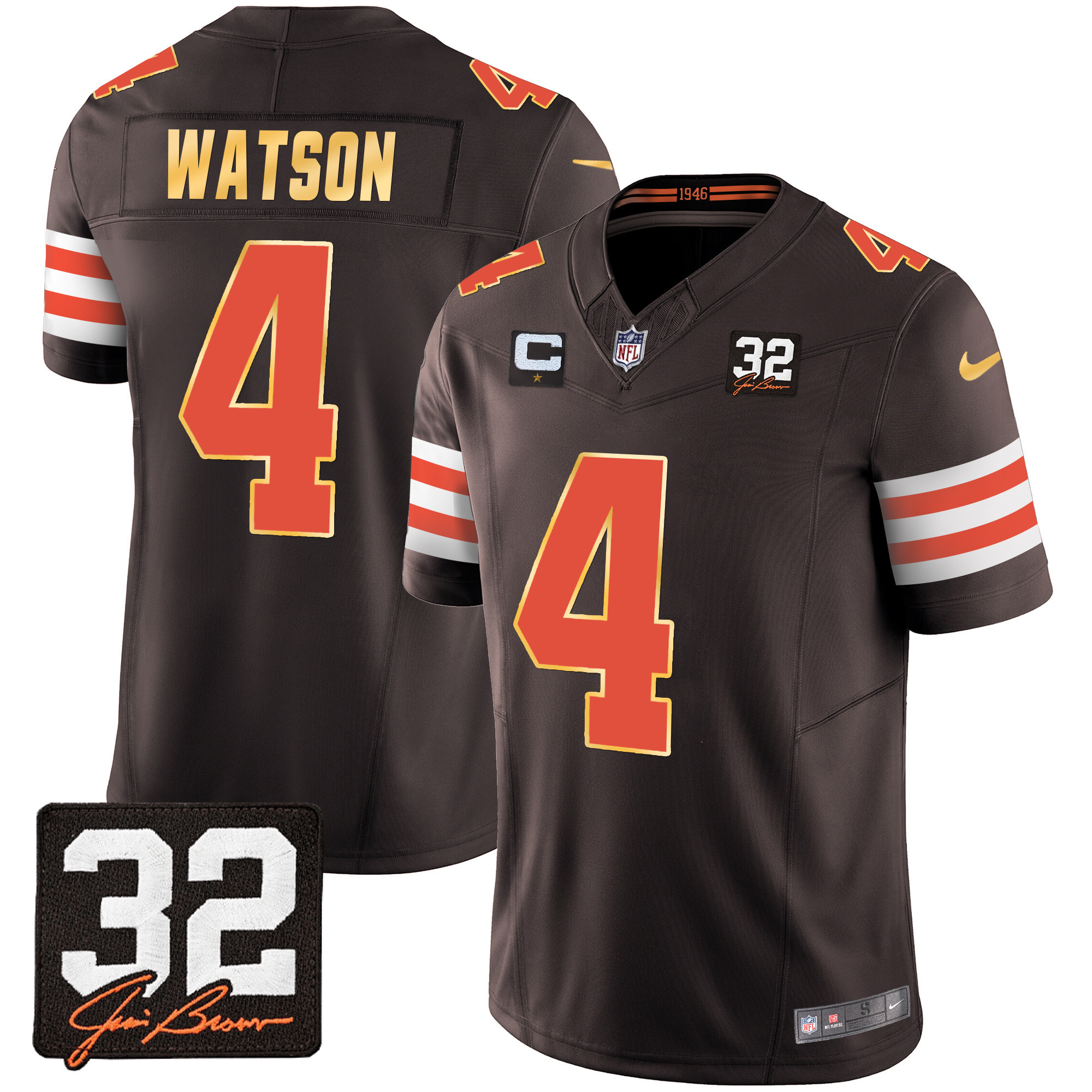 Deshaun Watson Men's Cleveland Browns #32 Jim Brown Memorial Patch Gold Trim Jersey - All Stitched