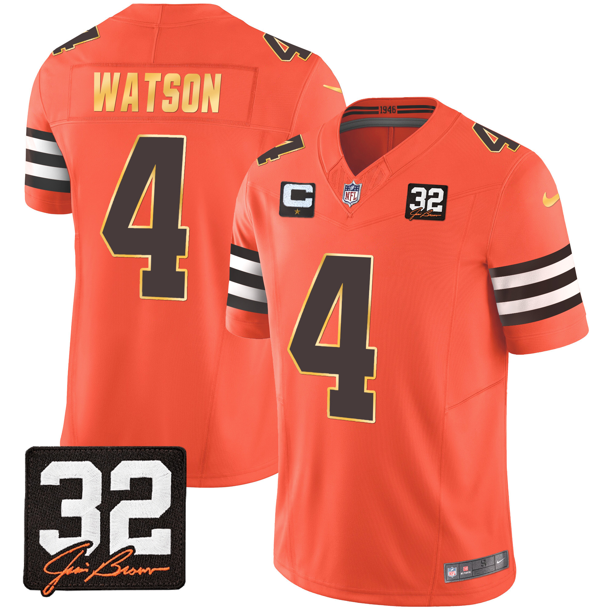 Deshaun Watson Men's Cleveland Browns #32 Jim Brown Memorial Patch Gold Trim Orange Jersey - All Stitched