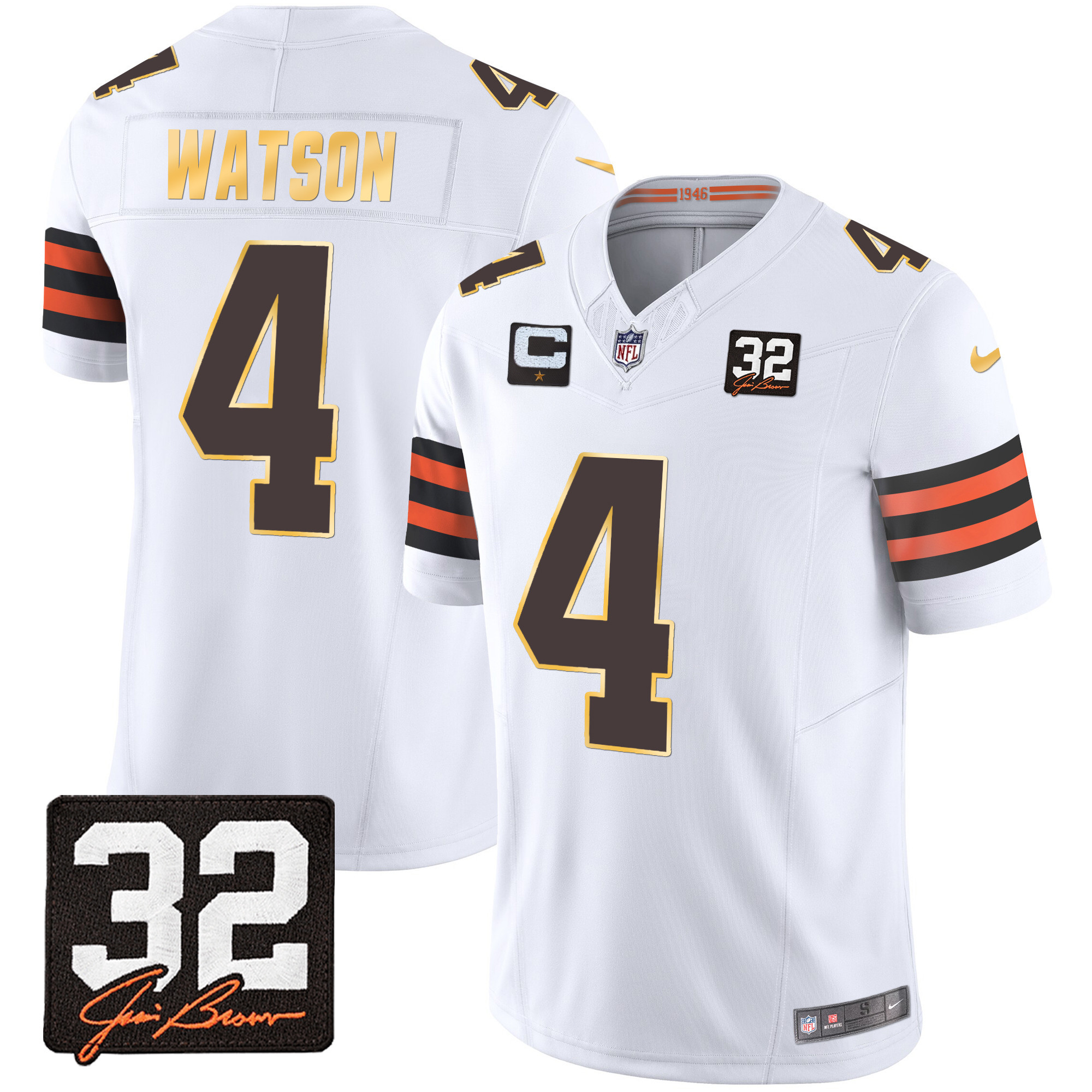 Deshaun Watson Men's Cleveland Browns #32 Jim Brown Memorial Patch Gold Trim White Jersey - All Stitched