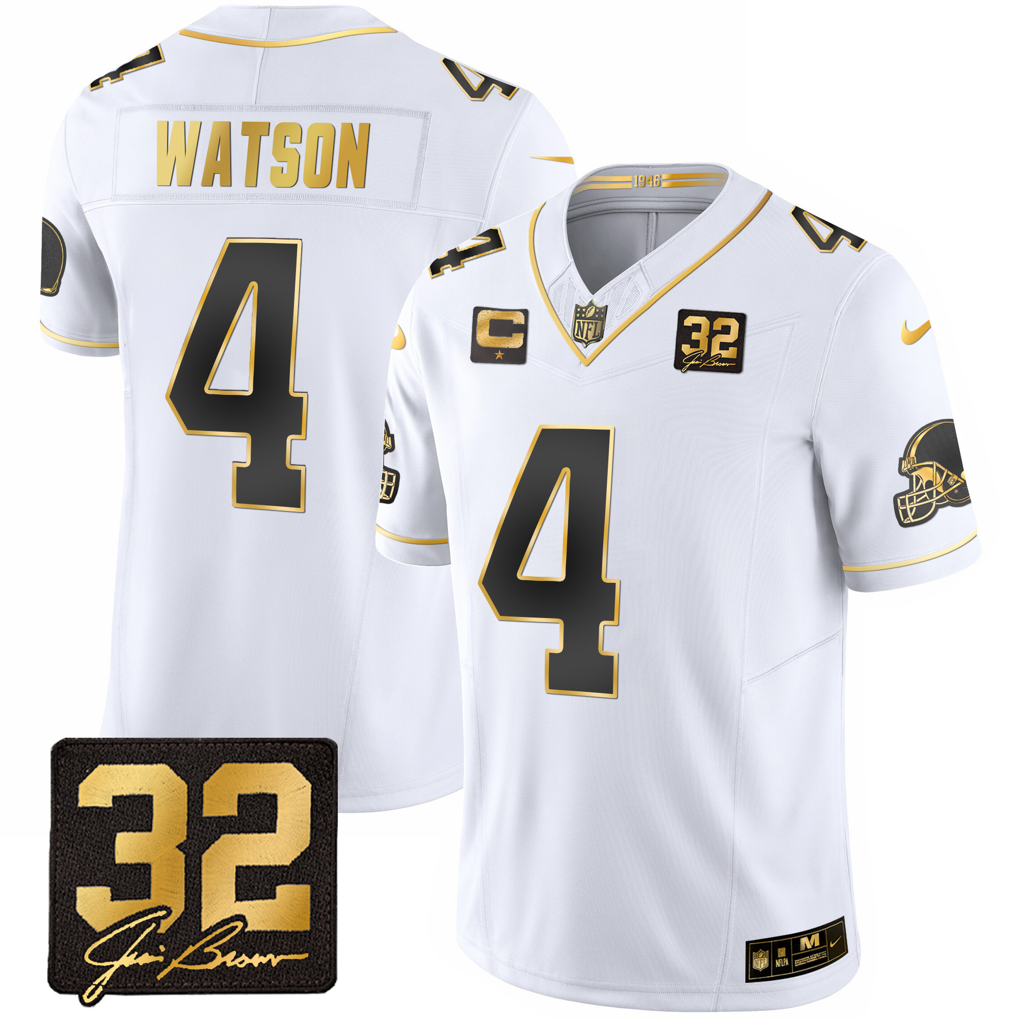 Deshaun Watson Men's Cleveland Browns #32 Jim Brown Memorial Patch Gold White Gold Jersey - All Stitched