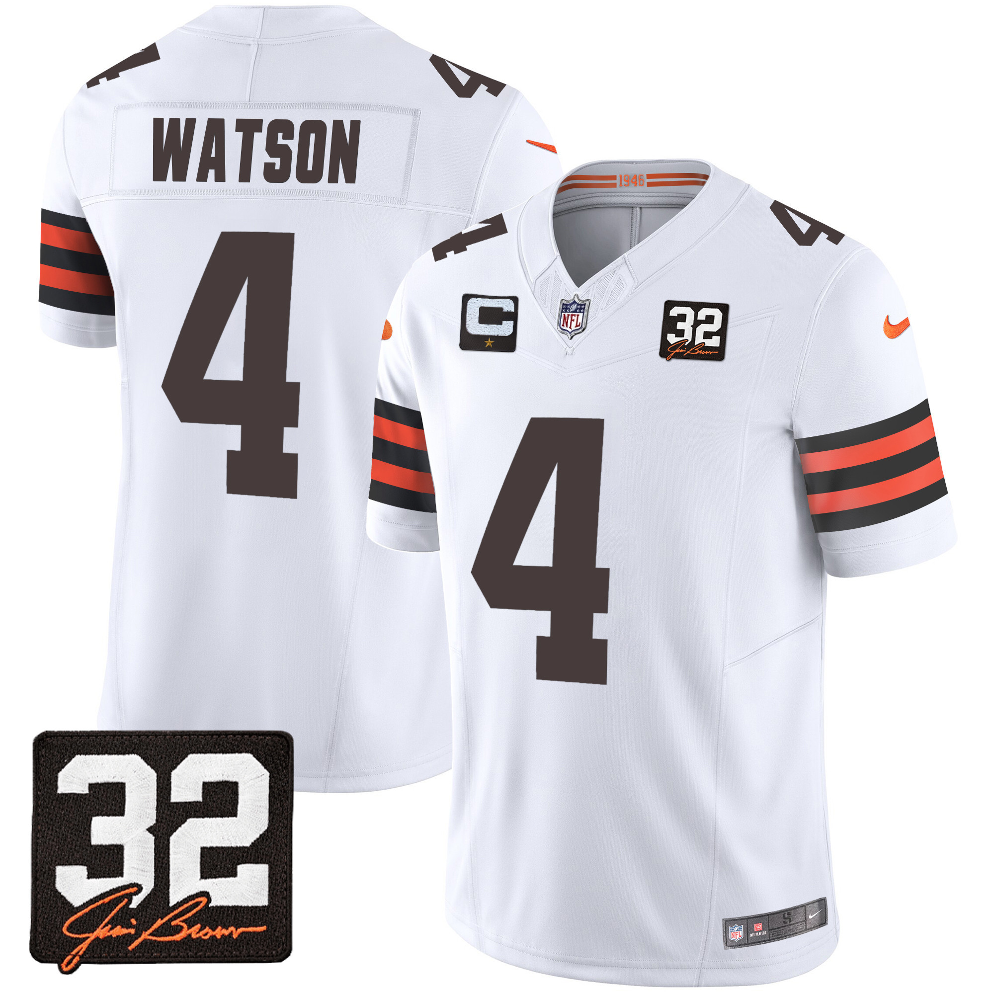 Deshaun Watson Men's Cleveland Browns #32 Jim Brown Memorial Patch White Jersey - All Stitched
